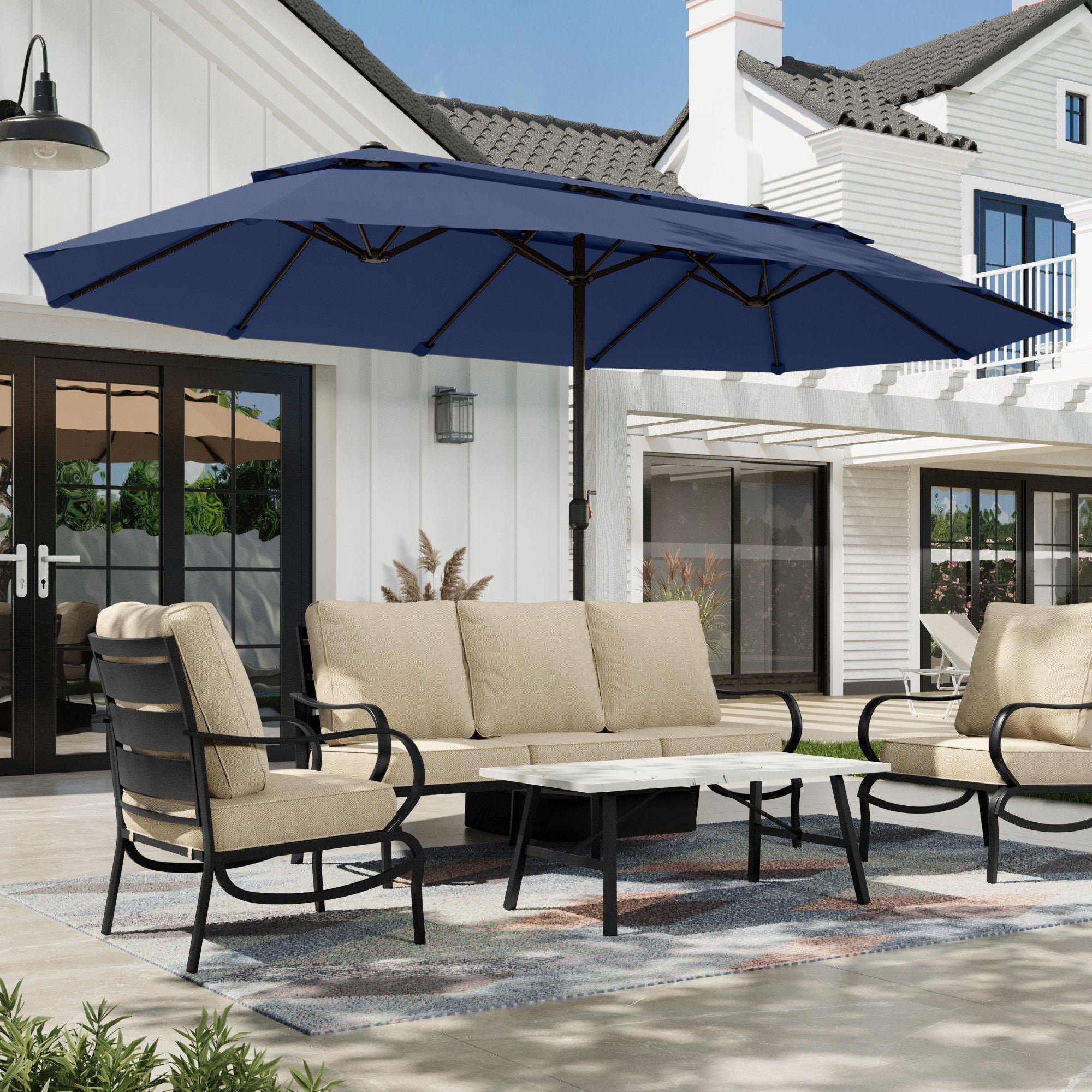 Alpha Joy 15ft Dual-Layer Outdoor Patio Umbrella Extra-Large Double-Sided Garden Umbrella with Ventilation and Base - Beige