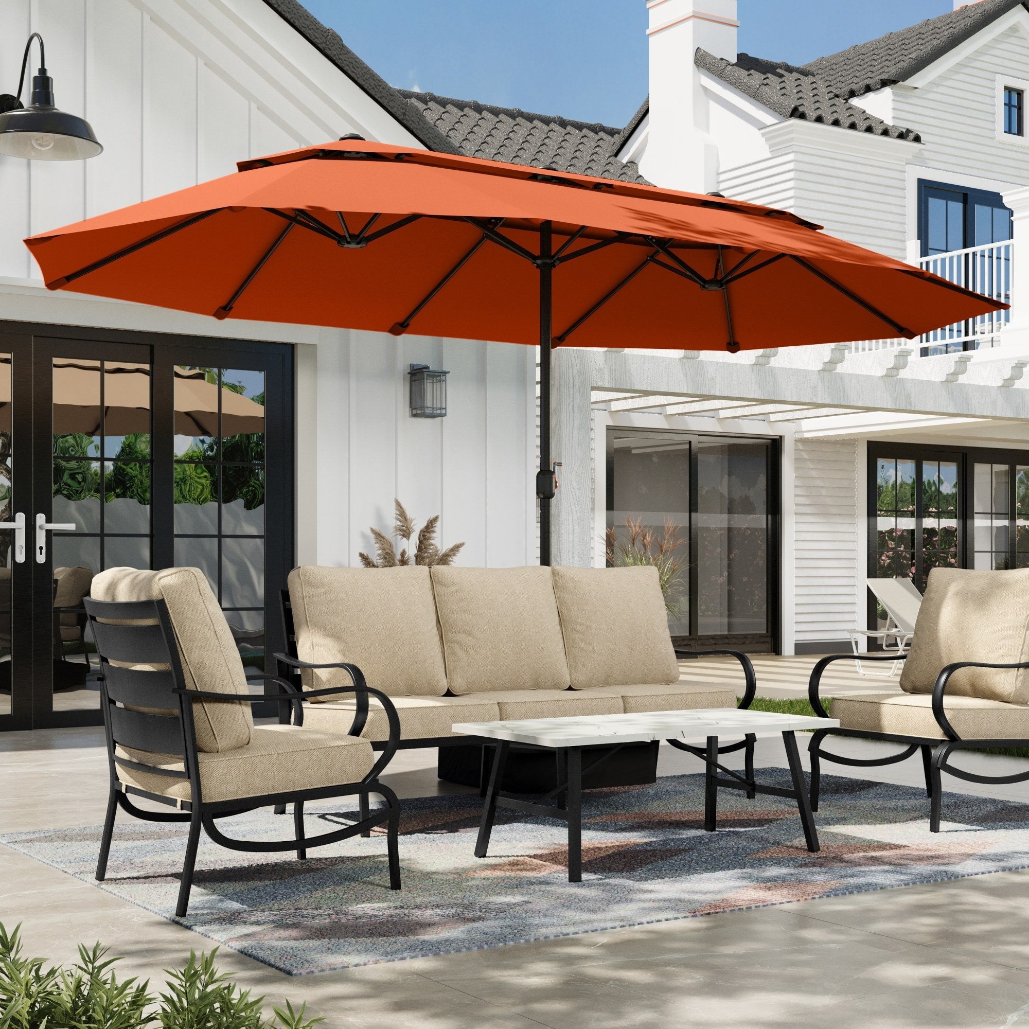 Alpha Joy 15ft Dual-Layer Outdoor Patio Umbrella Extra-Large Double-Sided Garden Umbrella with Ventilation and Base - Beige