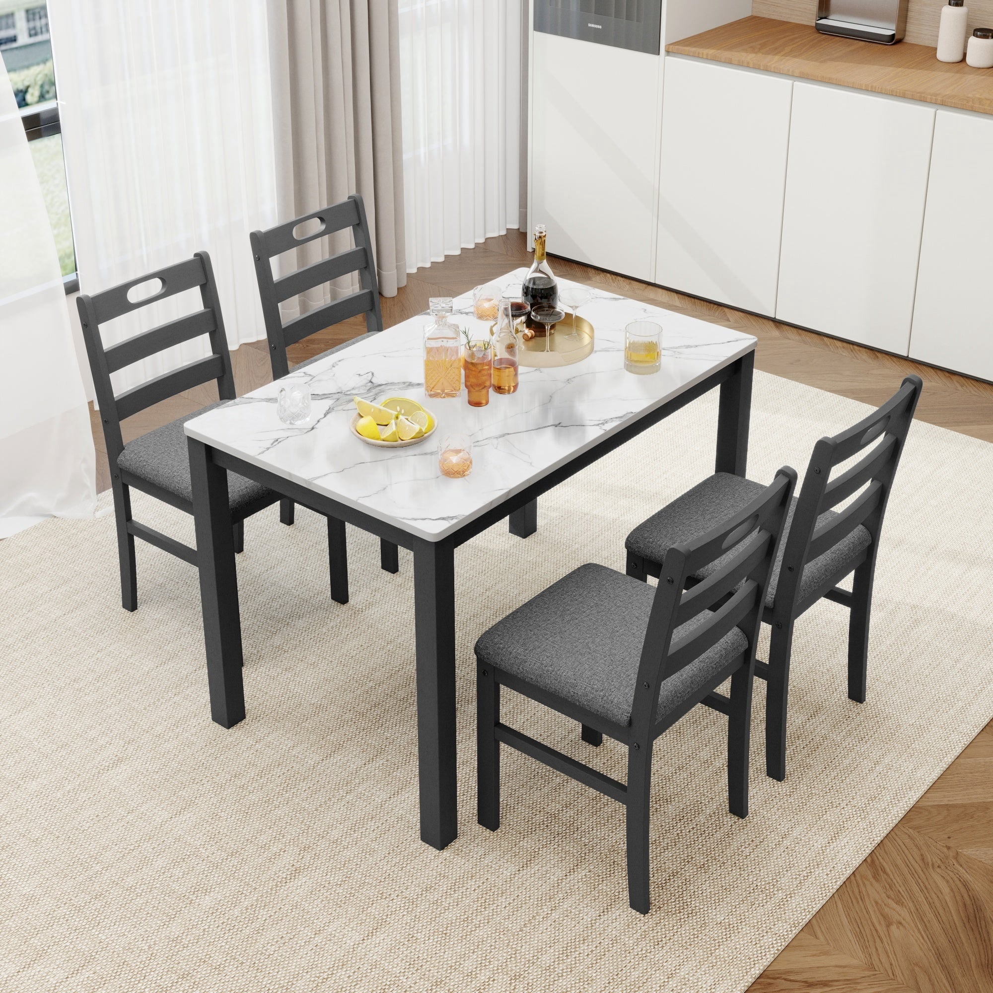 Alpha Joy Farmhouse Dining Table Set for 4 Solid Wood Kitchen Chairs and Table Set, Walnut & White