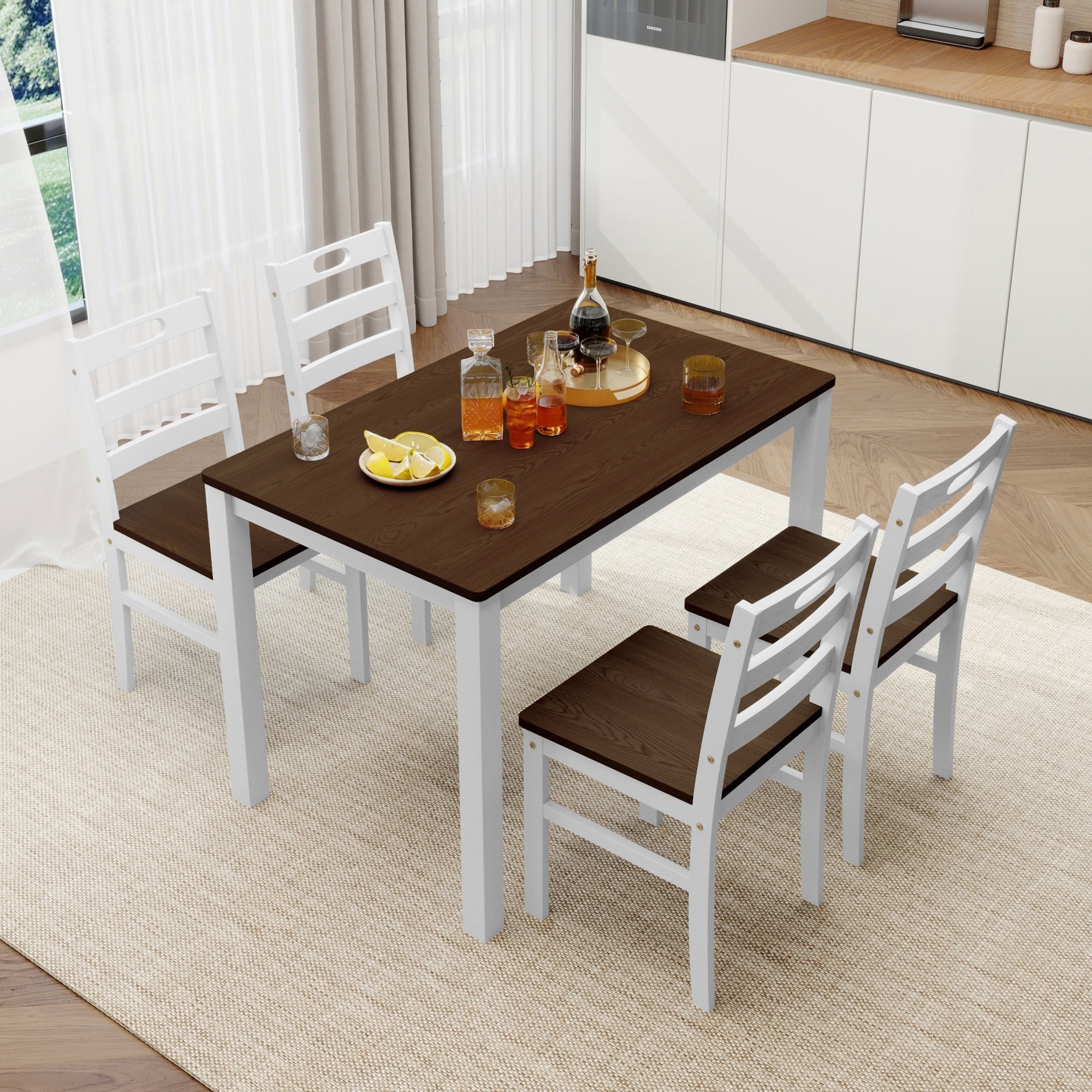 Alpha Joy Farmhouse Dining Table Set for 4 Solid Wood Kitchen Chairs and Table Set, Walnut & White