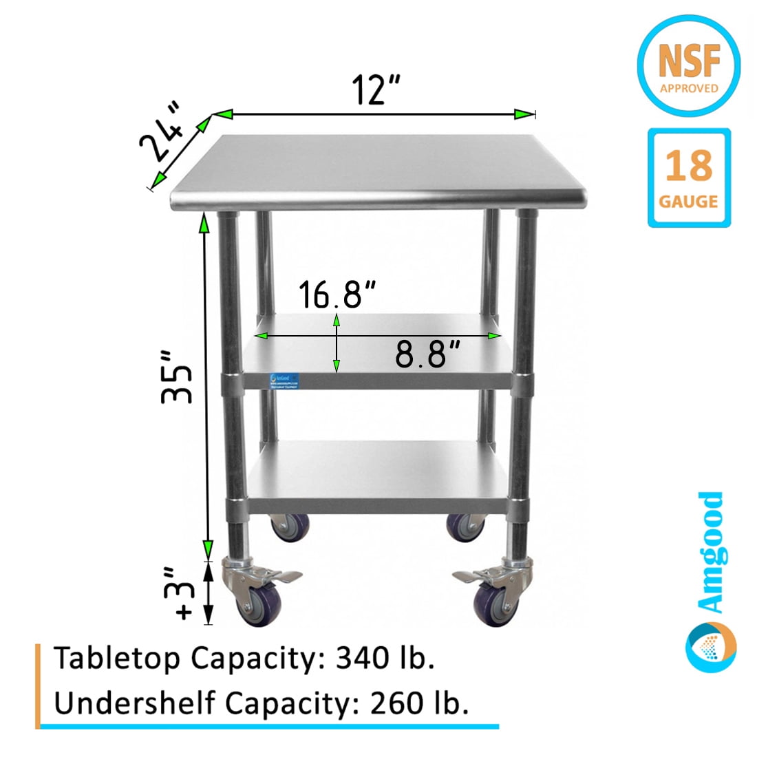 AmGood 60 Long x 30 Deep Stainless Steel Work Table with 2 Shelves and wheels | Commercial & Residential NSF Utility Table | Metal Food Prep Station