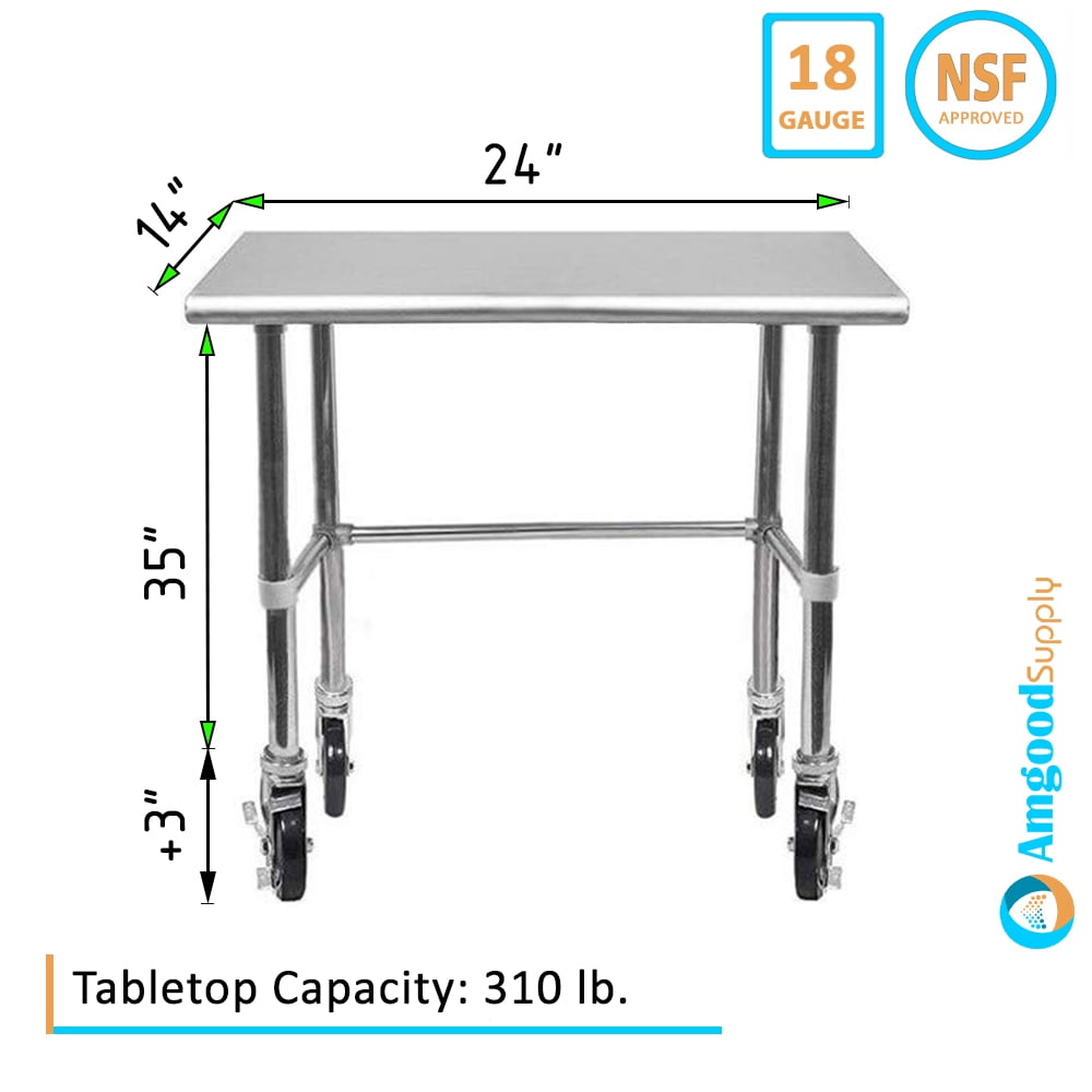 AmGood 36 Long x 30 Deep Stainless-Steel Work Table with Open Base and Wheels, Mobile Metal Table