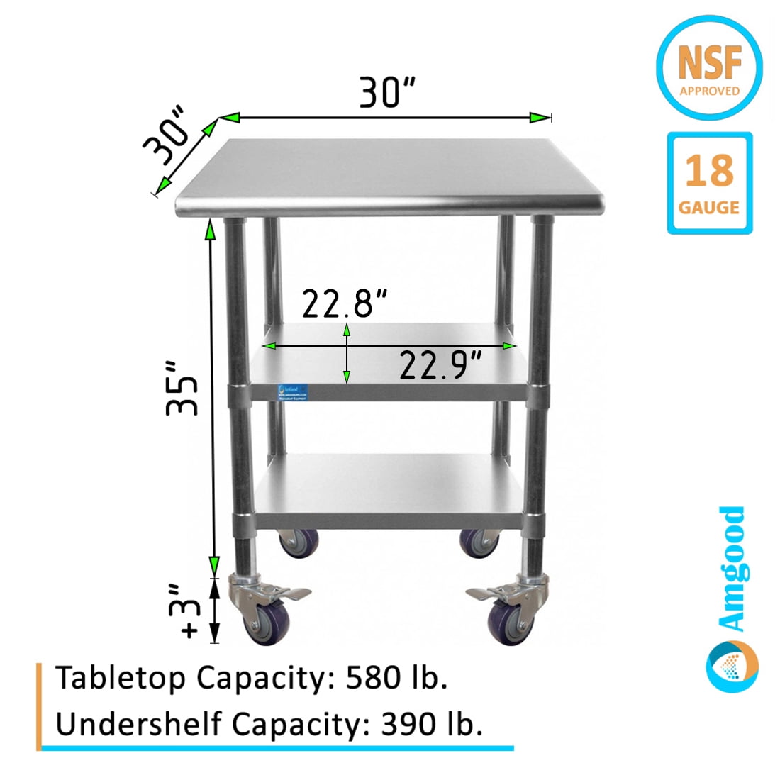 AmGood 60 Long x 30 Deep Stainless Steel Work Table with 2 Shelves and wheels | Commercial & Residential NSF Utility Table | Metal Food Prep Station