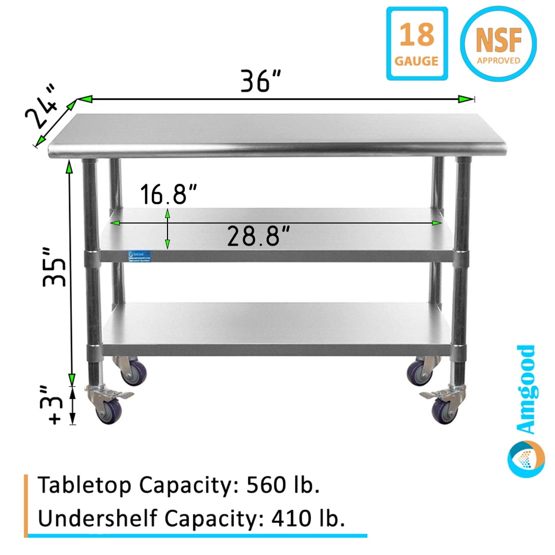AmGood 60 Long x 30 Deep Stainless Steel Work Table with 2 Shelves and wheels | Commercial & Residential NSF Utility Table | Metal Food Prep Station