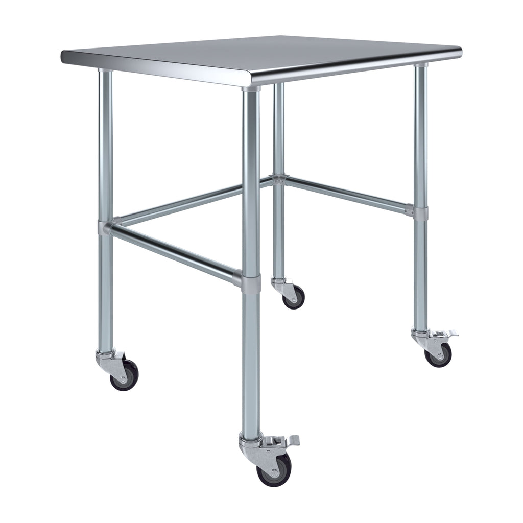 AmGood 36 Long x 30 Deep Stainless-Steel Work Table with Open Base and Wheels, Mobile Metal Table
