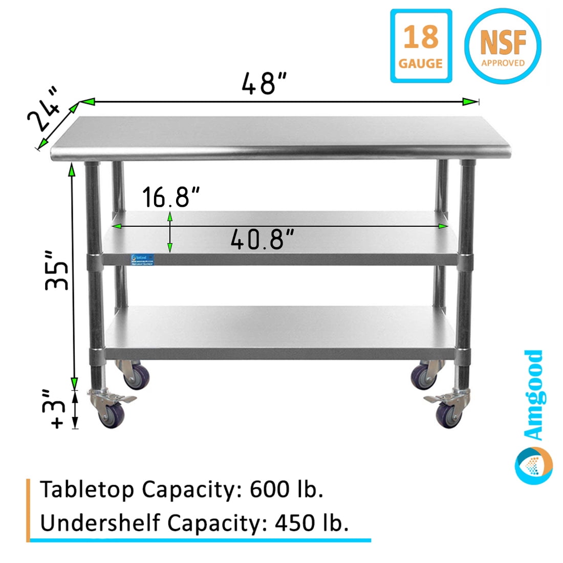 AmGood 60 Long x 30 Deep Stainless Steel Work Table with 2 Shelves and wheels | Commercial & Residential NSF Utility Table | Metal Food Prep Station