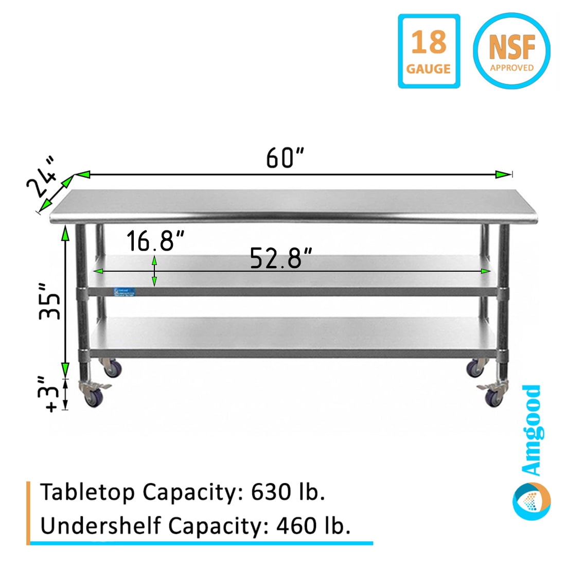 AmGood 60 Long x 30 Deep Stainless Steel Work Table with 2 Shelves and wheels | Commercial & Residential NSF Utility Table | Metal Food Prep Station