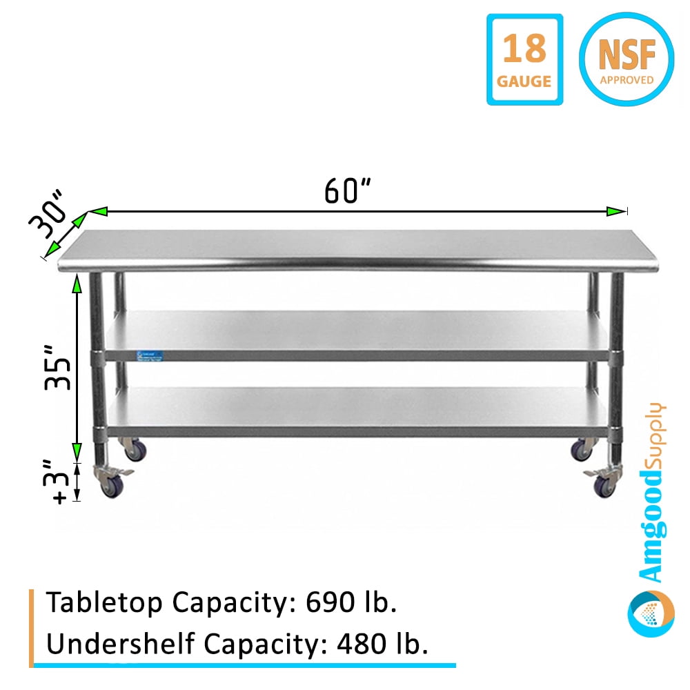 AmGood 60 Long x 30 Deep Stainless Steel Work Table with 2 Shelves and wheels | Commercial & Residential NSF Utility Table | Metal Food Prep Station