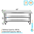 AmGood 60 Long x 30 Deep Stainless Steel Work Table with 2 Shelves and wheels | Commercial & Residential NSF Utility Table | Metal Food Prep Station