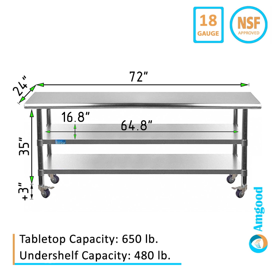 AmGood 60 Long x 30 Deep Stainless Steel Work Table with 2 Shelves and wheels | Commercial & Residential NSF Utility Table | Metal Food Prep Station