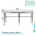 AmGood 84 Long x 24 Deep Stainless Steel Work Table Open Base | Work Station | Metal Work Bench