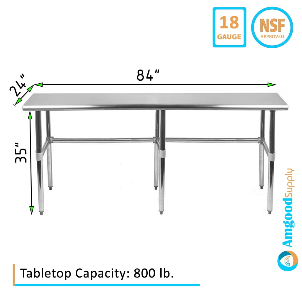 AmGood 84 Long x 24 Deep Stainless Steel Work Table Open Base | Work Station | Metal Work Bench