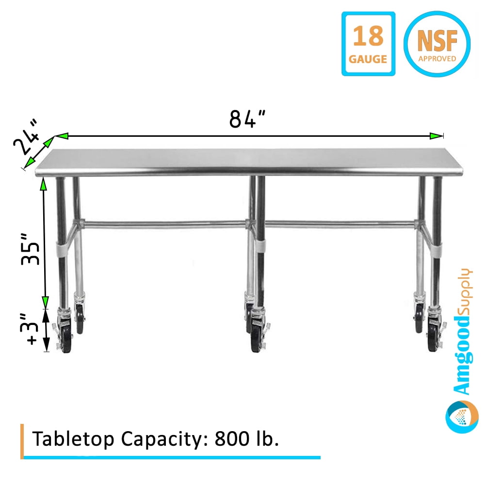AmGood 36 Long x 30 Deep Stainless-Steel Work Table with Open Base and Wheels, Mobile Metal Table