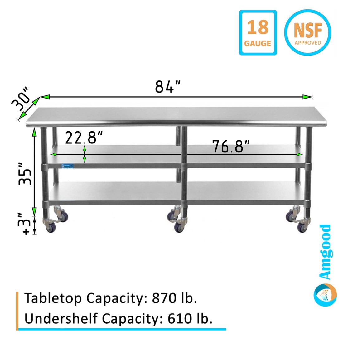 AmGood 60 Long x 30 Deep Stainless Steel Work Table with 2 Shelves and wheels | Commercial & Residential NSF Utility Table | Metal Food Prep Station