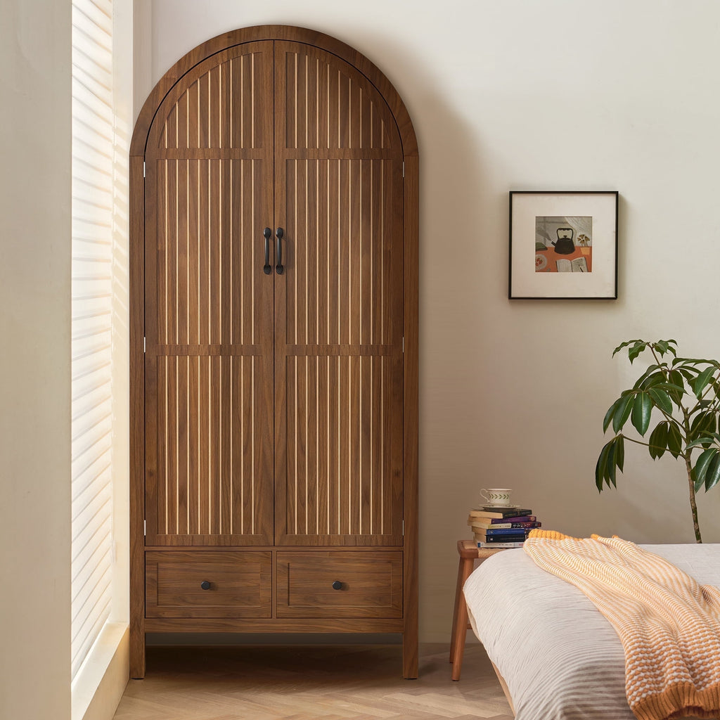 Armoire Wardrobe Closet, Wardrobe Cabinet with Drawers and Hanging Rod, Wooden Armoire Closet for Bedroom, Walnut