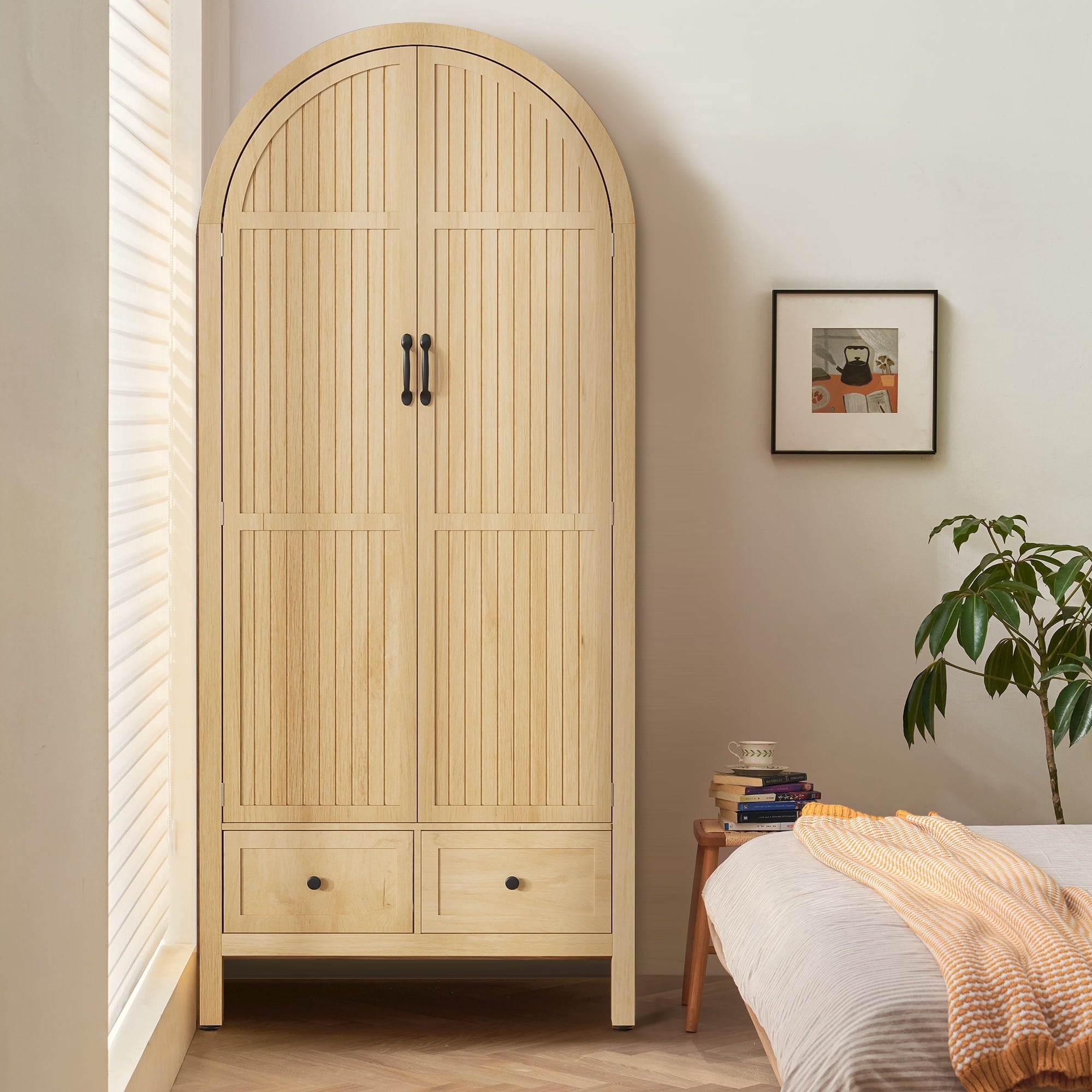 Armoire Wardrobe Closet, Wardrobe Cabinet with Drawers and Hanging Rod, Wooden Armoire Closet for Bedroom, Walnut