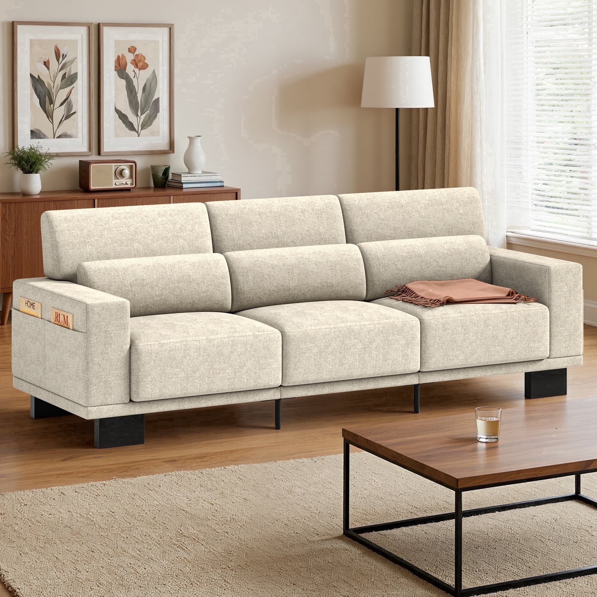 Asofer 89 3 Seater Sofa Couch,  Comfy Extra Deep Seat with Upholstered  3 Pillows for Living Room, Apartment,Dark Gray
