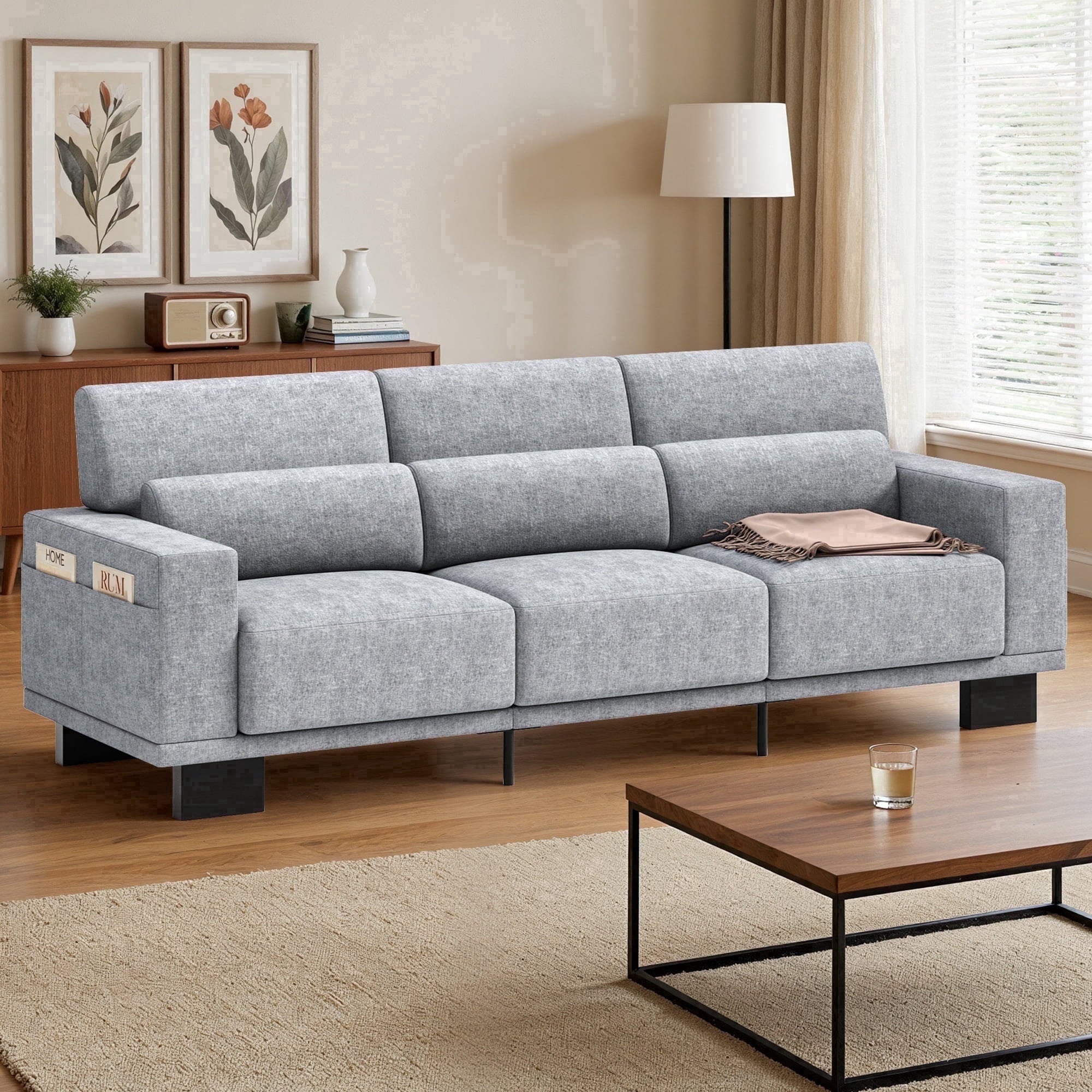 Asofer 89 3 Seater Sofa Couch,  Comfy Extra Deep Seat with Upholstered  3 Pillows for Living Room, Apartment,Dark Gray