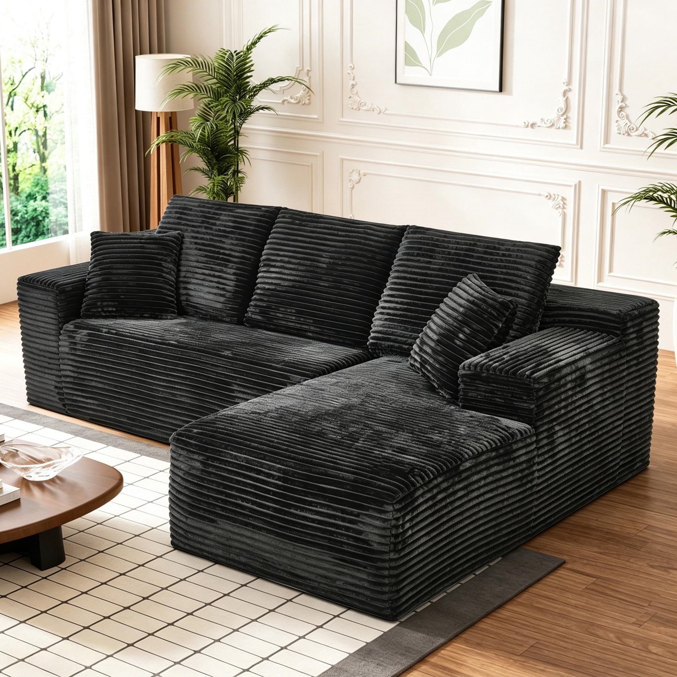 Aukfa 95 Cloud Sectional Sofa Deep Seat Boneless Couch Modular L-Shaped Couch, Left Chaise Corduroy Sofa for Living Room, Black