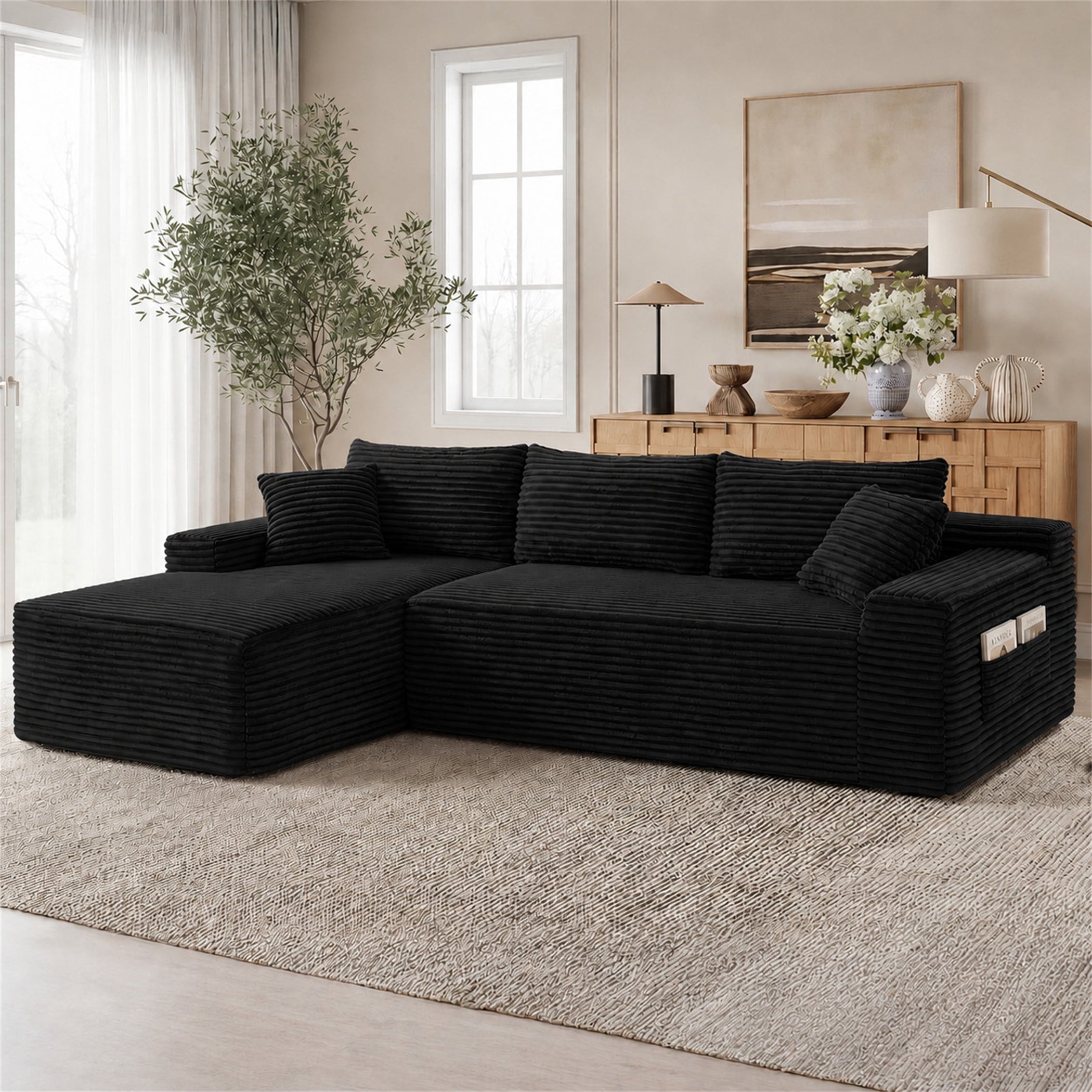 Aukfa 95 Cloud Sectional Sofa Deep Seat Boneless Couch Modular L-Shaped Couch, Left Chaise Corduroy Sofa for Living Room, Black