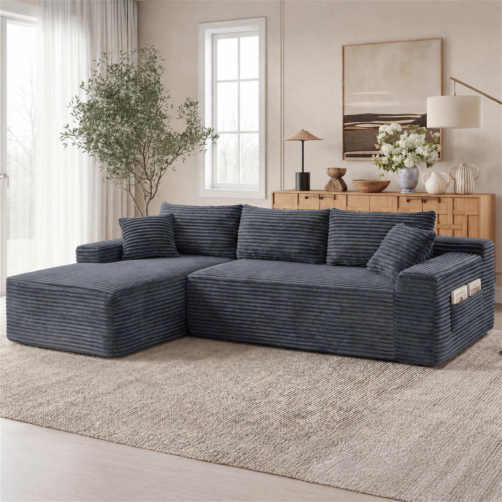 Aukfa 95 Cloud Sectional Sofa Deep Seat Boneless Couch Modular L-Shaped Couch, Left Chaise Corduroy Sofa for Living Room, Black