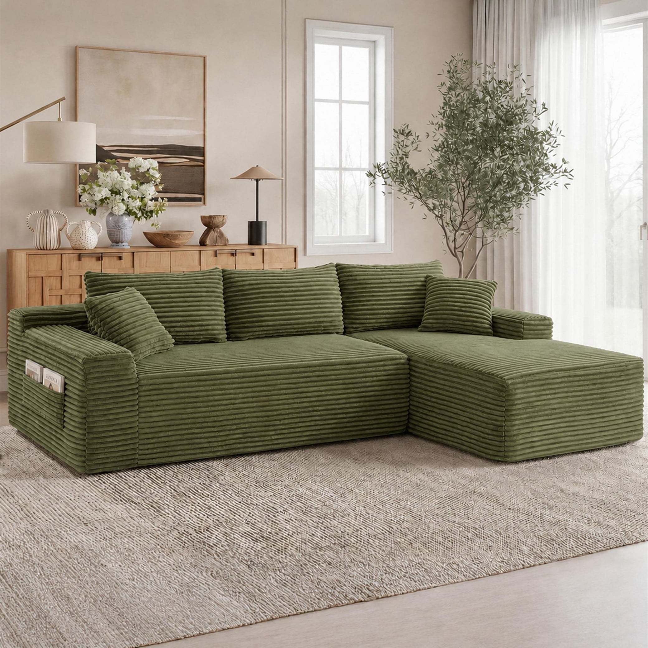 Aukfa 95 Cloud Sectional Sofa Deep Seat Boneless Couch Modular L-Shaped Couch, Left Chaise Corduroy Sofa for Living Room, Black