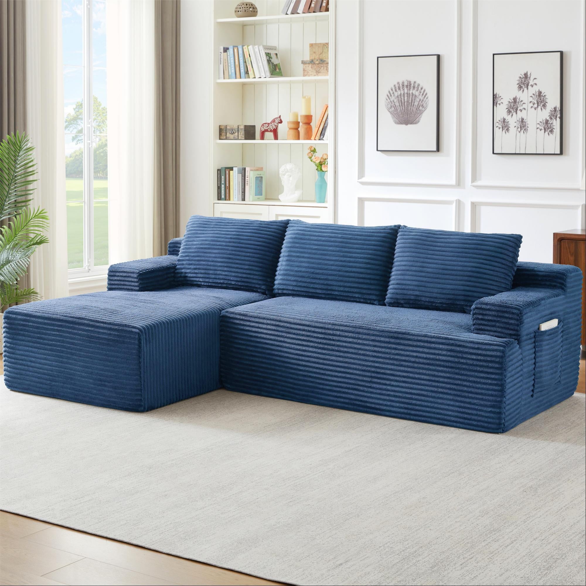 Aukfa 95 Cloud Sectional Sofa Deep Seat Boneless Couch Modular L-Shaped Couch, Left Chaise Corduroy Sofa for Living Room, Black