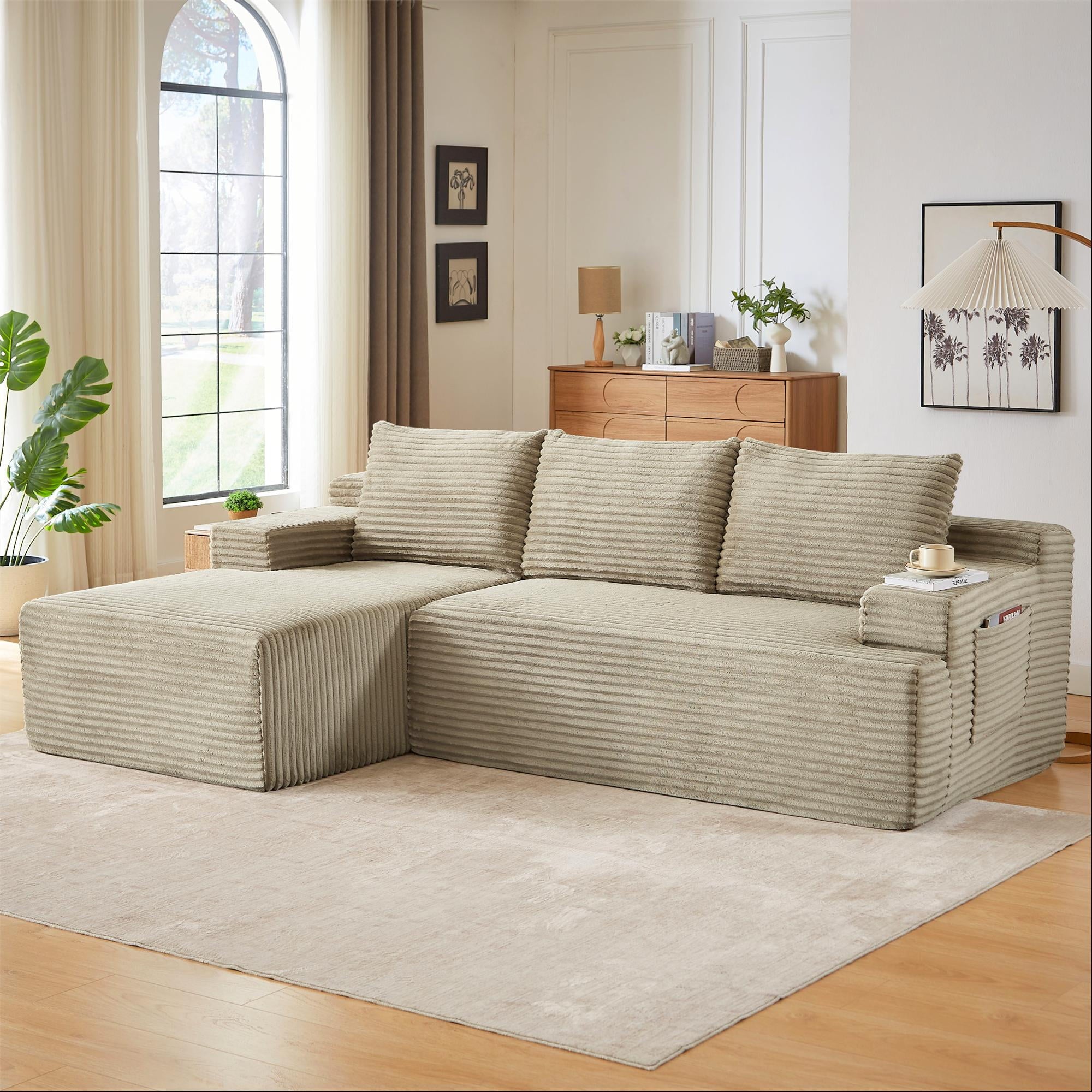 Aukfa 95 Cloud Sectional Sofa Deep Seat Boneless Couch Modular L-Shaped Couch, Left Chaise Corduroy Sofa for Living Room, Black