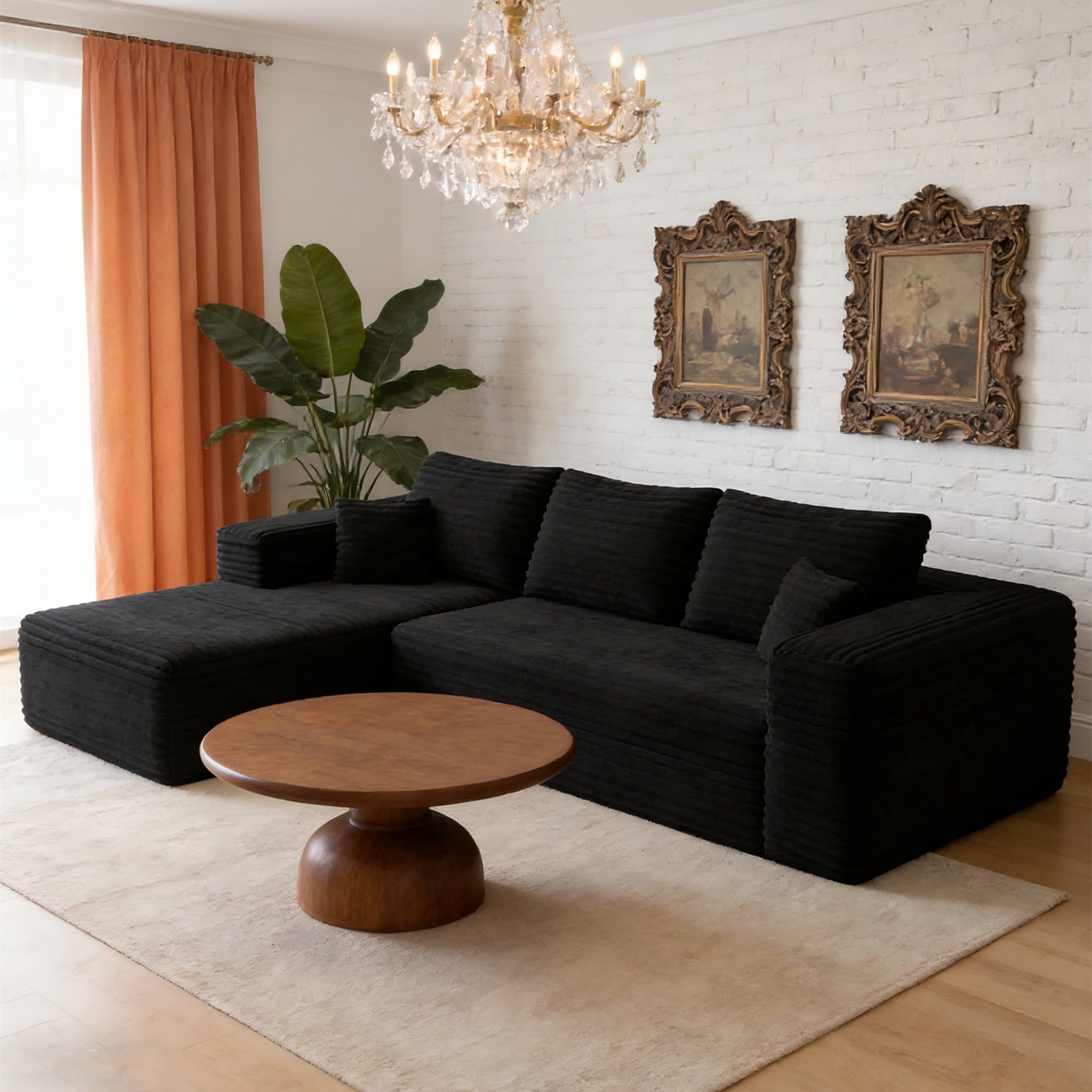 Aukfa 95 Cloud Sectional Sofa Deep Seat Boneless Couch Modular L-Shaped Couch, Left Chaise Corduroy Sofa for Living Room, Black
