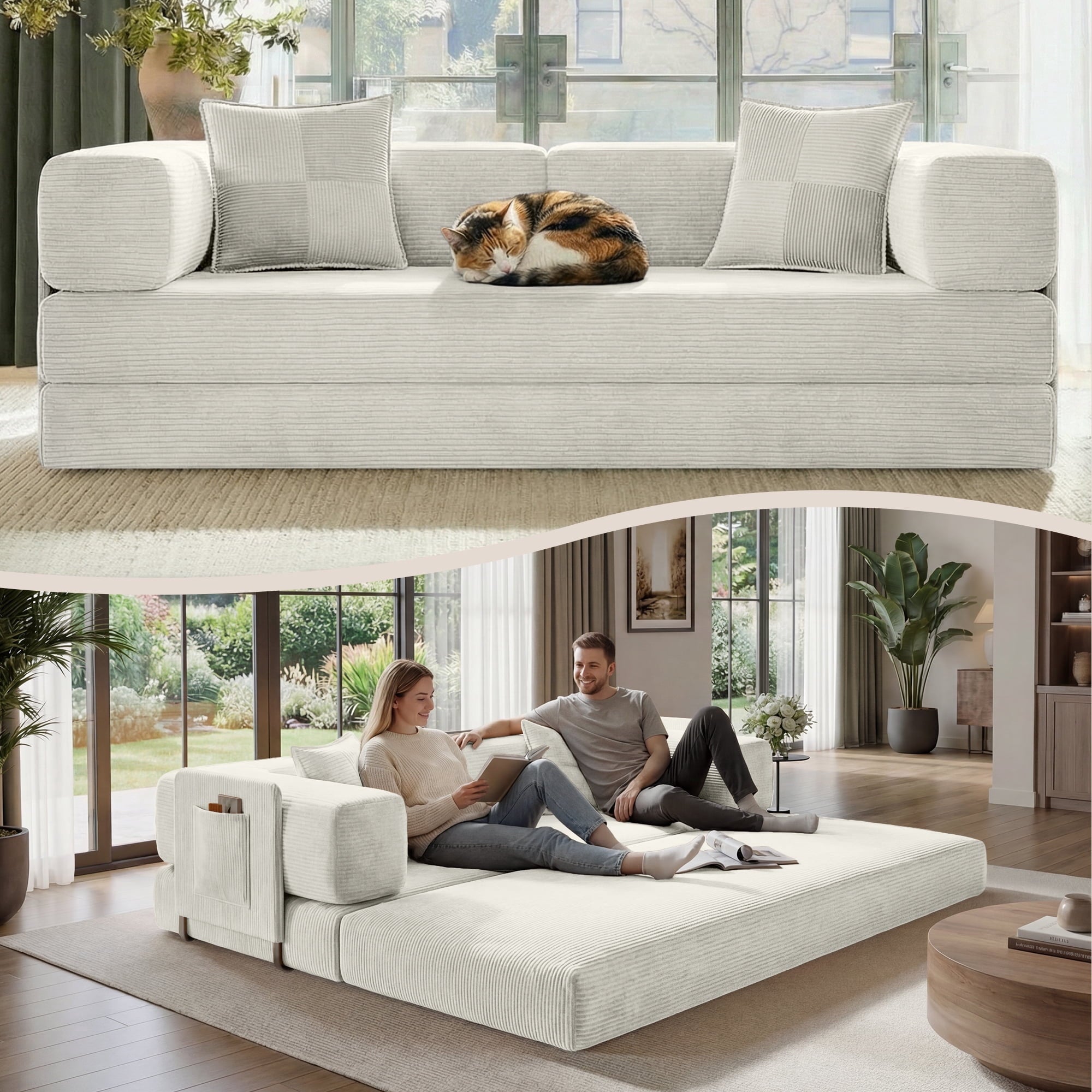 BELHOME 5-in-1 Convertible Sofa Bed, 78.8 Sleeper Sofa Boneless Couch with Side Pockets, Folding Floor Sofa Compression Sofa for Living Rooms No Assembly Required