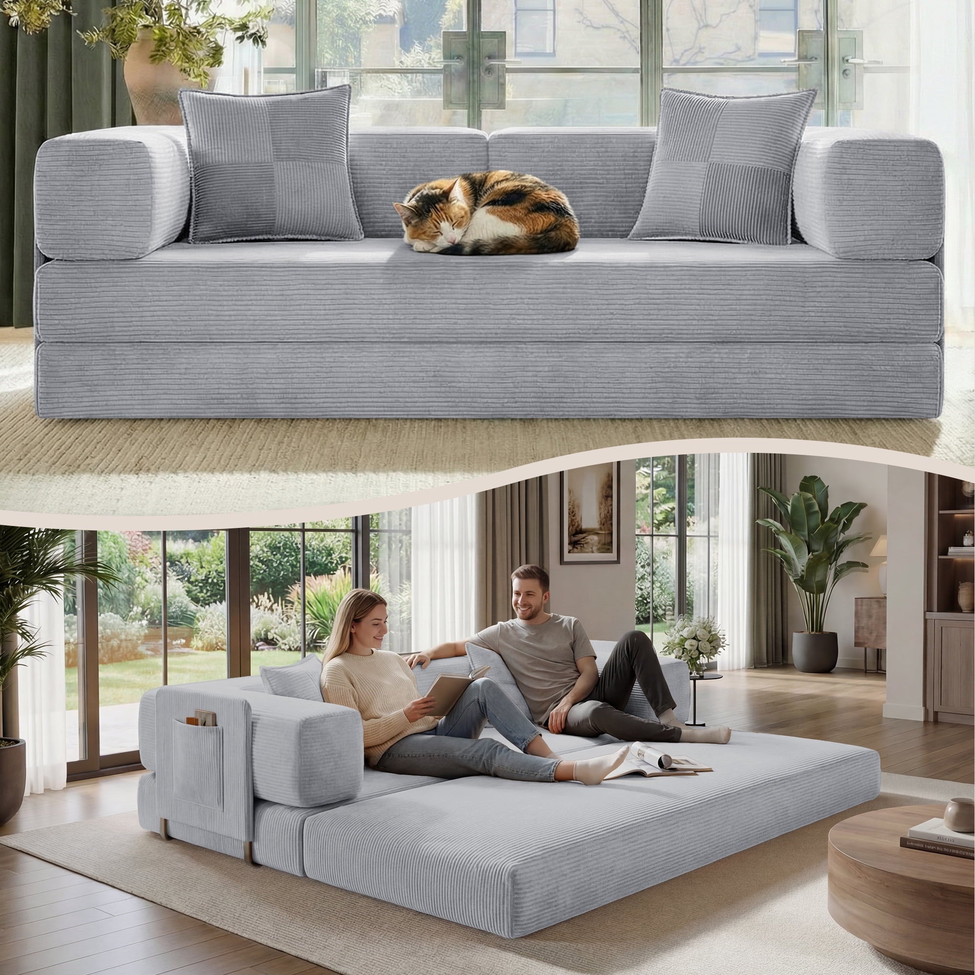 BELHOME 5-in-1 Convertible Sofa Bed, 78.8 Sleeper Sofa Boneless Couch with Side Pockets, Folding Floor Sofa Compression Sofa for Living Rooms No Assembly Required