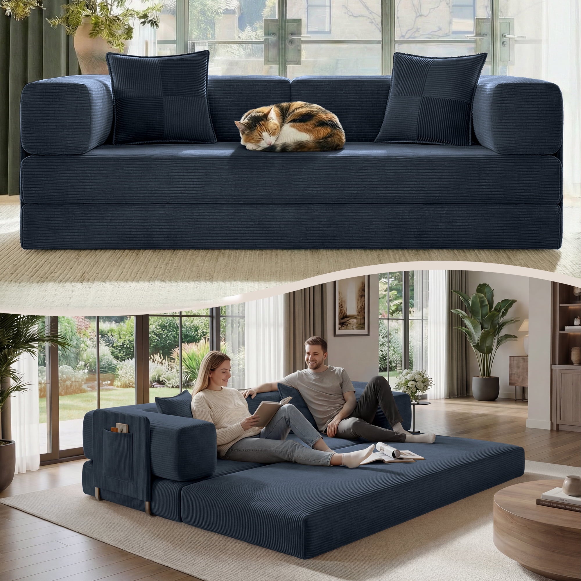 BELHOME 5-in-1 Convertible Sofa Bed, 78.8 Sleeper Sofa Boneless Couch with Side Pockets, Folding Floor Sofa Compression Sofa for Living Rooms No Assembly Required