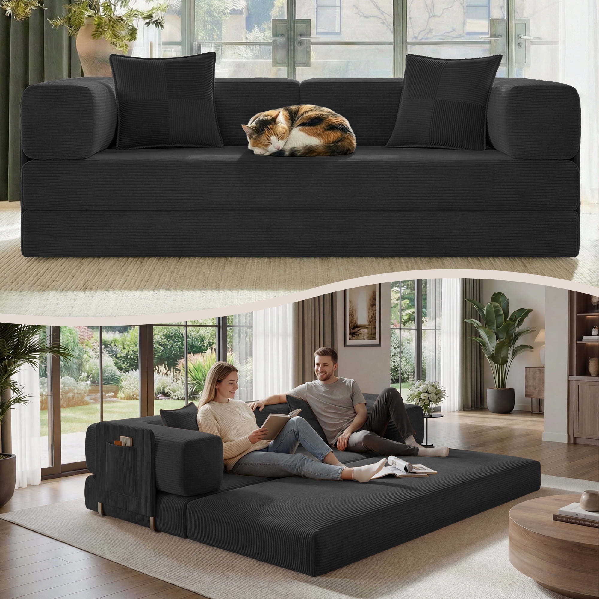 BELHOME 5-in-1 Convertible Sofa Bed, 78.8 Sleeper Sofa Boneless Couch with Side Pockets, Folding Floor Sofa Compression Sofa for Living Rooms No Assembly Required