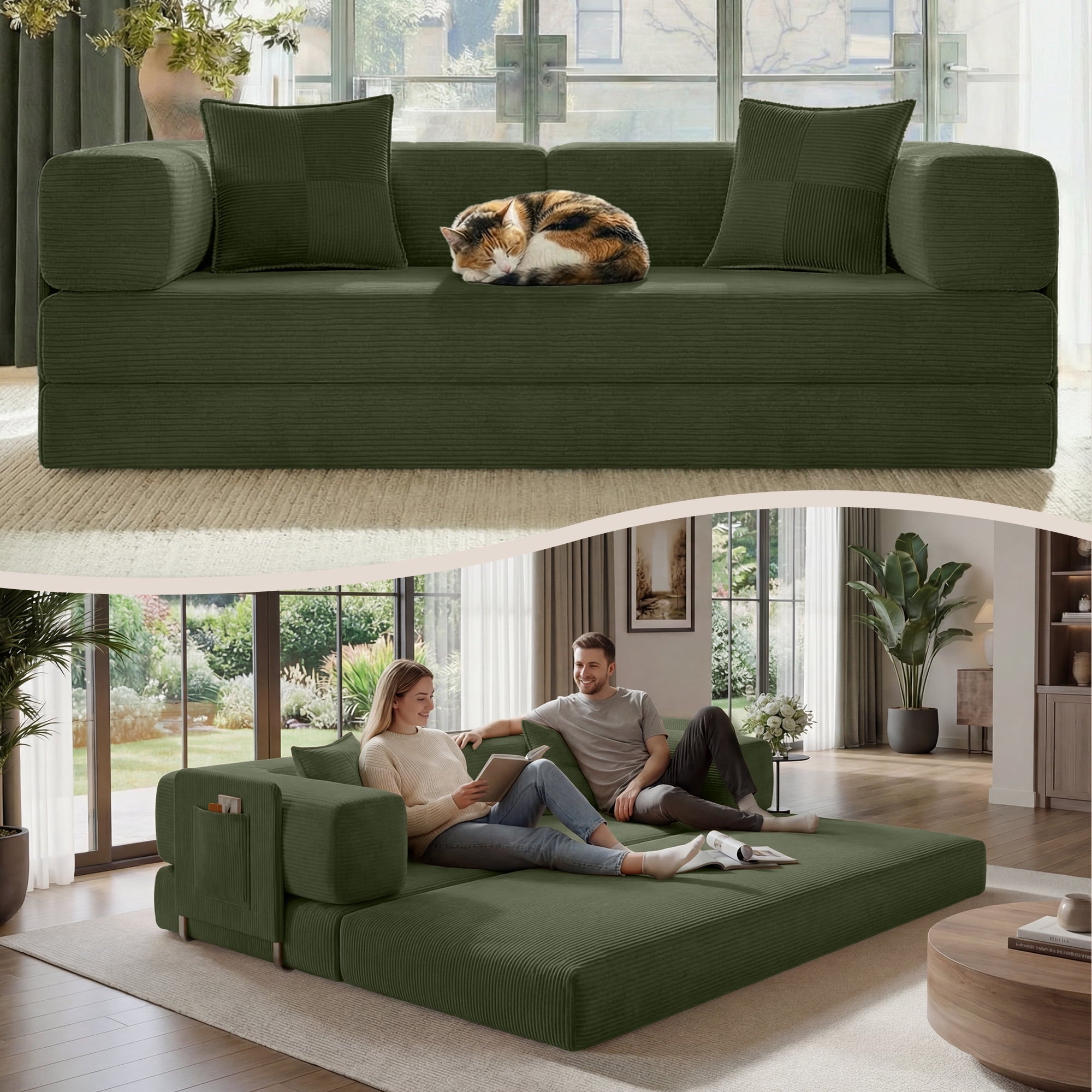 BELHOME 5-in-1 Convertible Sofa Bed, 78.8 Sleeper Sofa Boneless Couch with Side Pockets, Folding Floor Sofa Compression Sofa for Living Rooms No Assembly Required