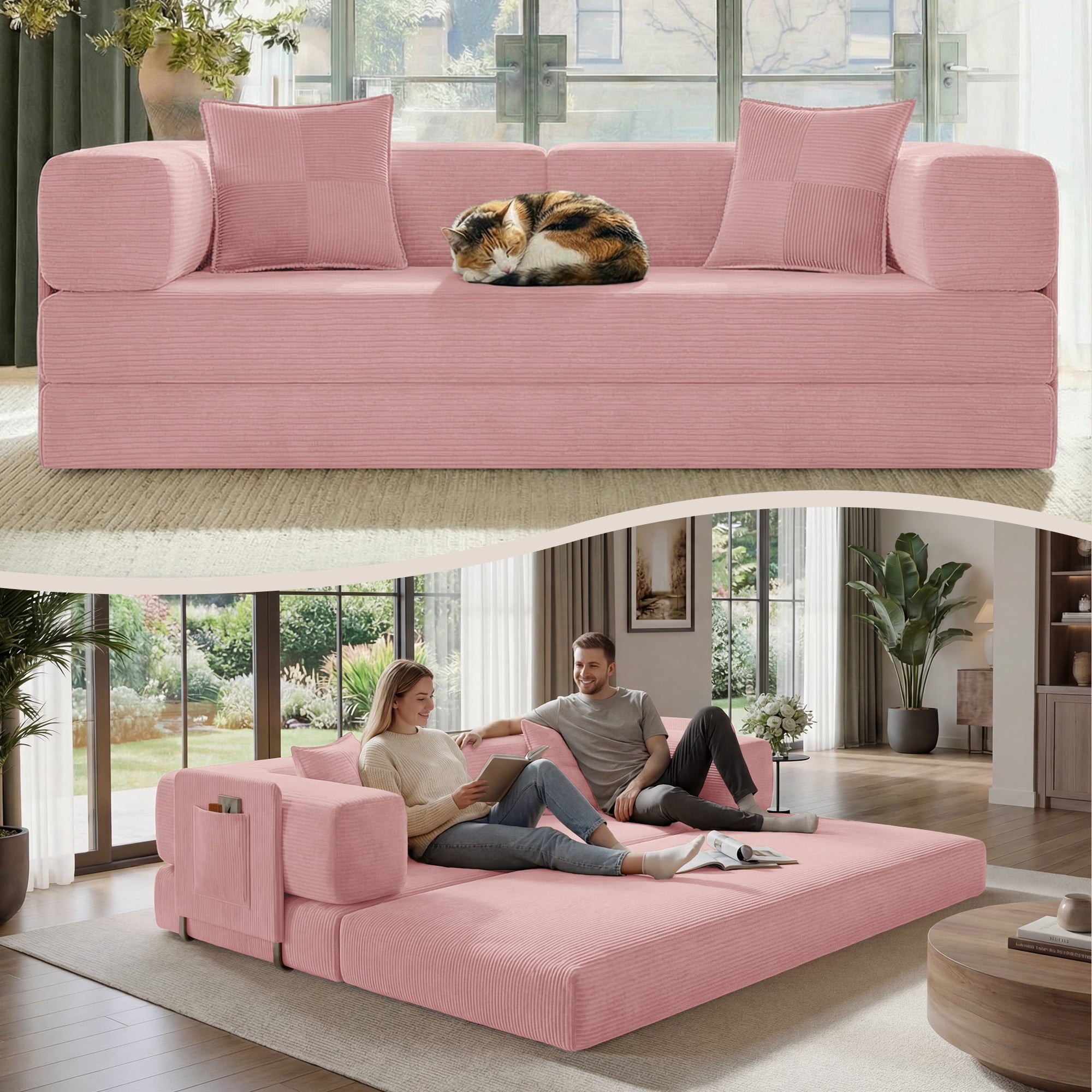 BELHOME 5-in-1 Convertible Sofa Bed, 78.8 Sleeper Sofa Boneless Couch with Side Pockets, Folding Floor Sofa Compression Sofa for Living Rooms No Assembly Required
