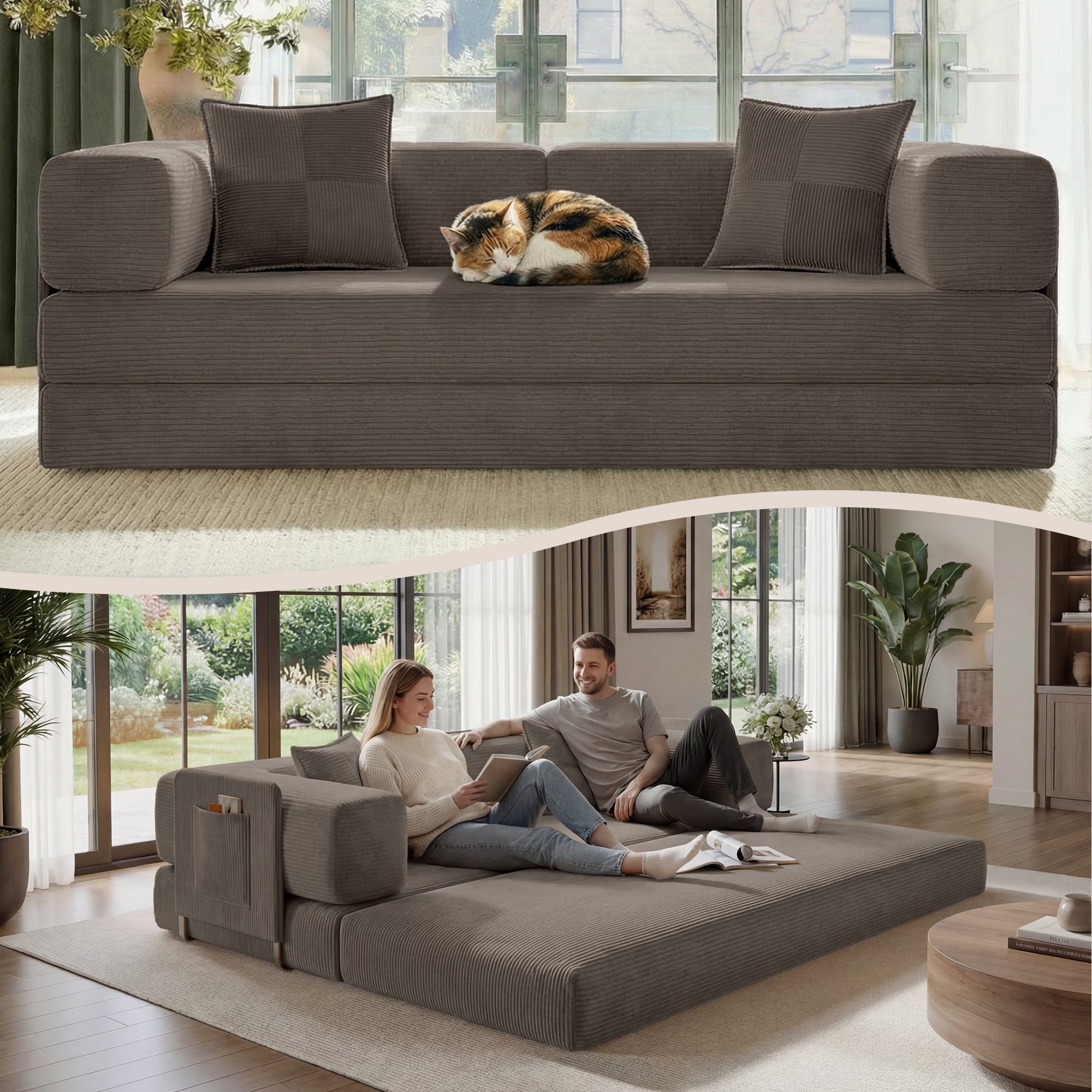 BELHOME 5-in-1 Convertible Sofa Bed, 78.8 Sleeper Sofa Boneless Couch with Side Pockets, Folding Floor Sofa Compression Sofa for Living Rooms No Assembly Required