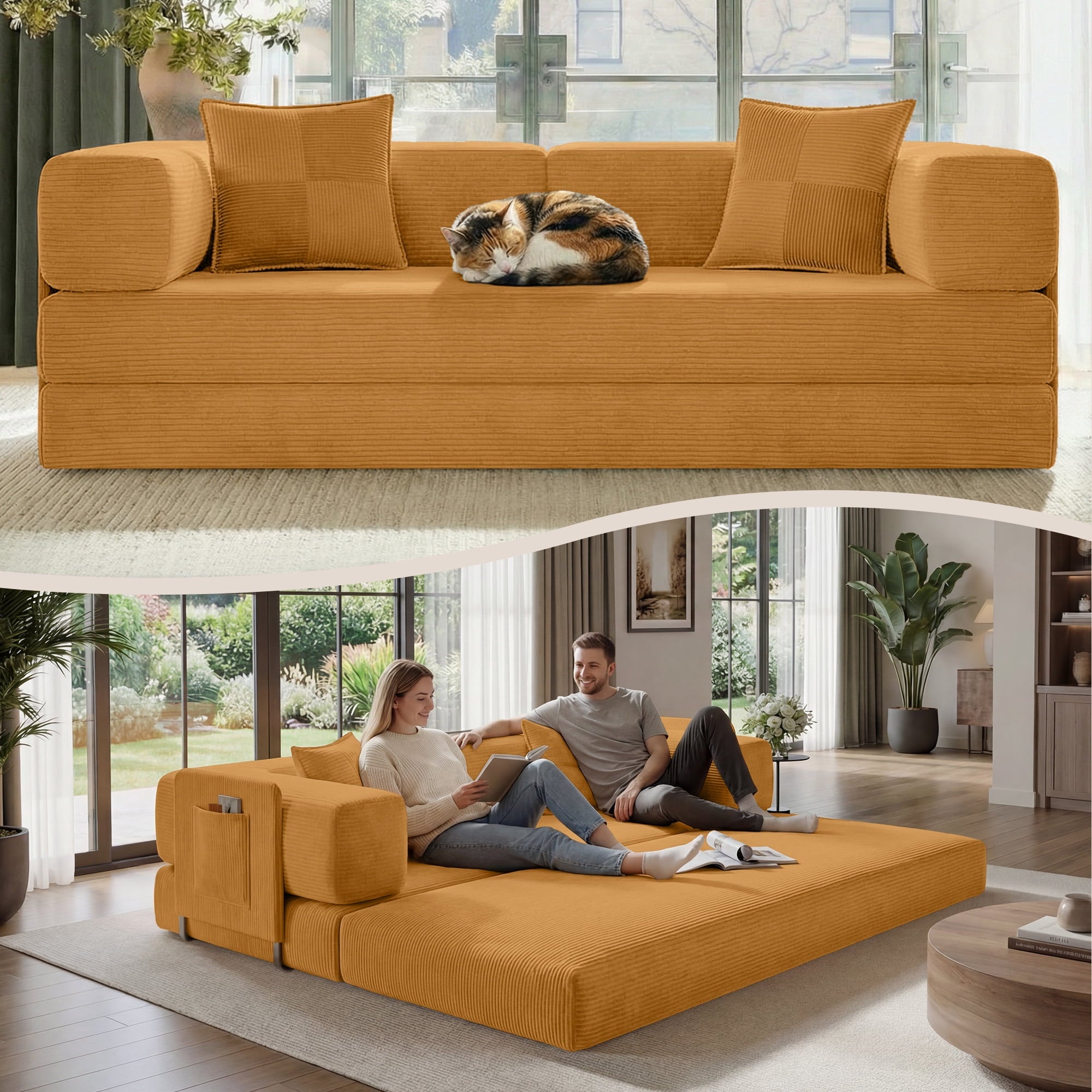 BELHOME 5-in-1 Convertible Sofa Bed, 78.8 Sleeper Sofa Boneless Couch with Side Pockets, Folding Floor Sofa Compression Sofa for Living Rooms No Assembly Required