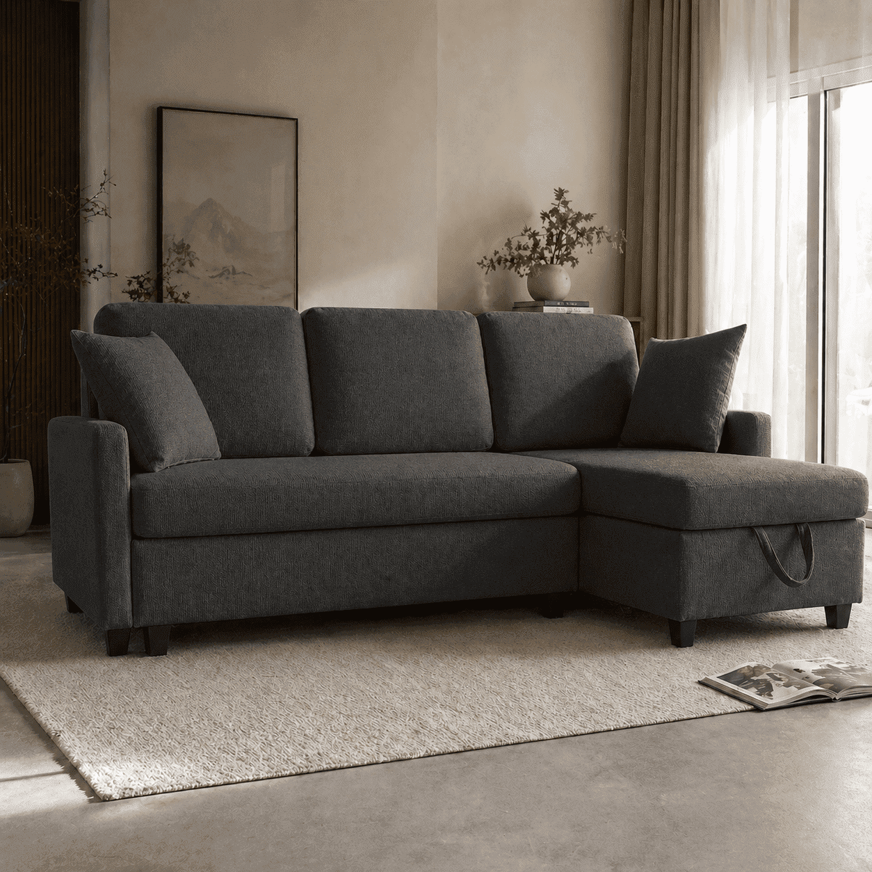 BINBANK L-Shaped Chenille Pull Out Sleeper and Storage Chaise Sectional Futon Sofa Bed with USB, Gray/Beige