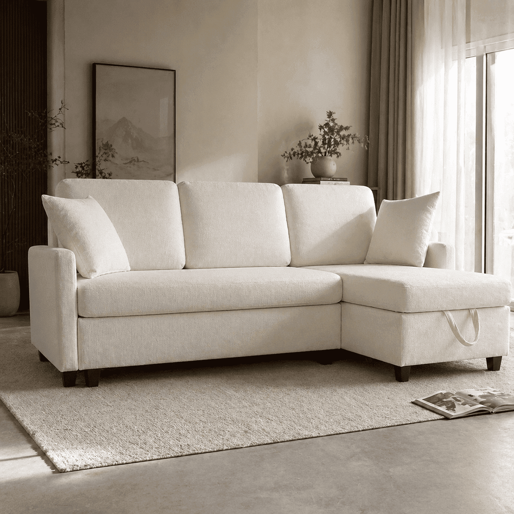 BINBANK L-Shaped Chenille Pull Out Sleeper and Storage Chaise Sectional Futon Sofa Bed with USB, Gray/Beige