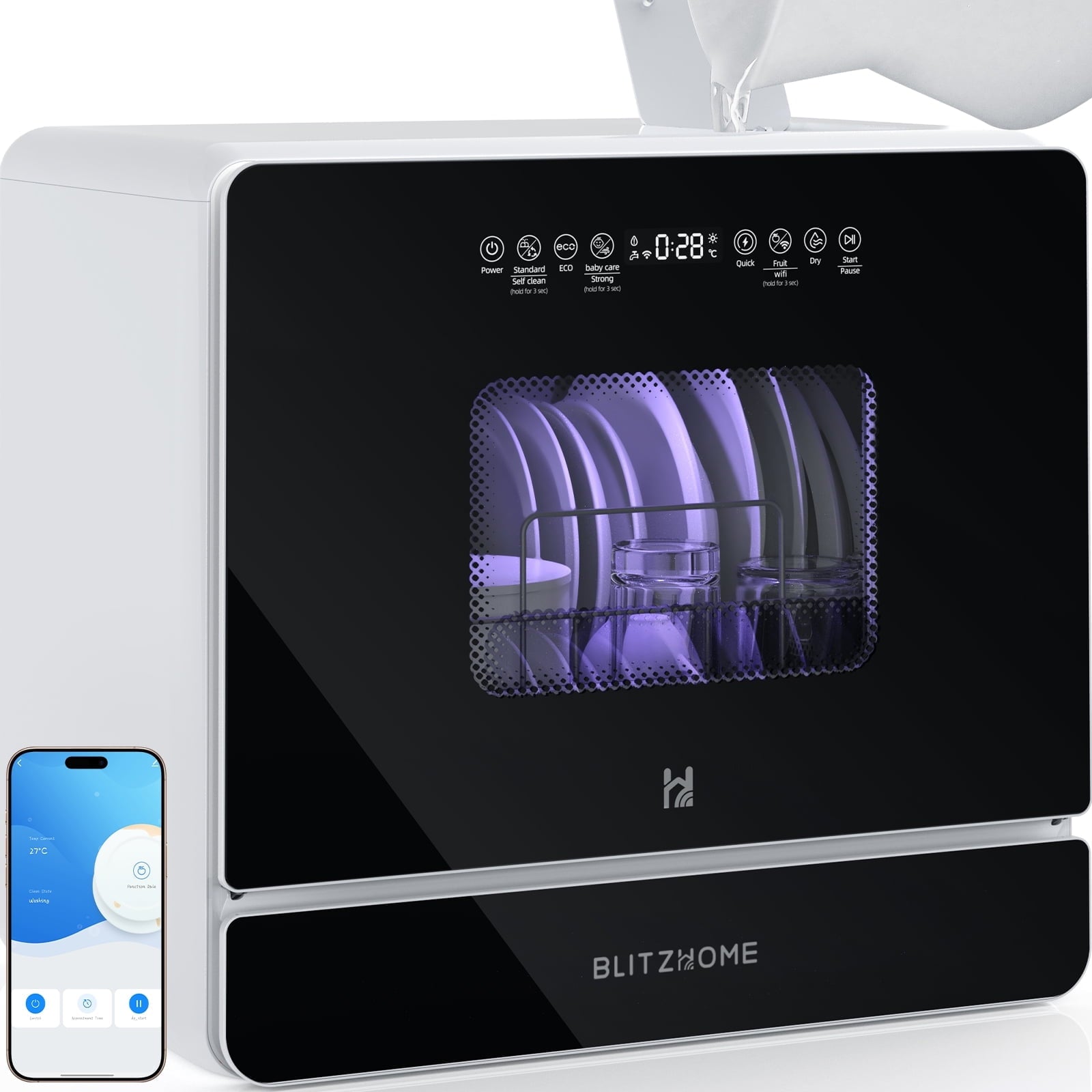 BLITZHOME Smart Wifi Countertop Dishwasher, 9 Programs,5.2L Built-in Water Tank ,3-Spray Arms & 24H Timing,No Installation Needed