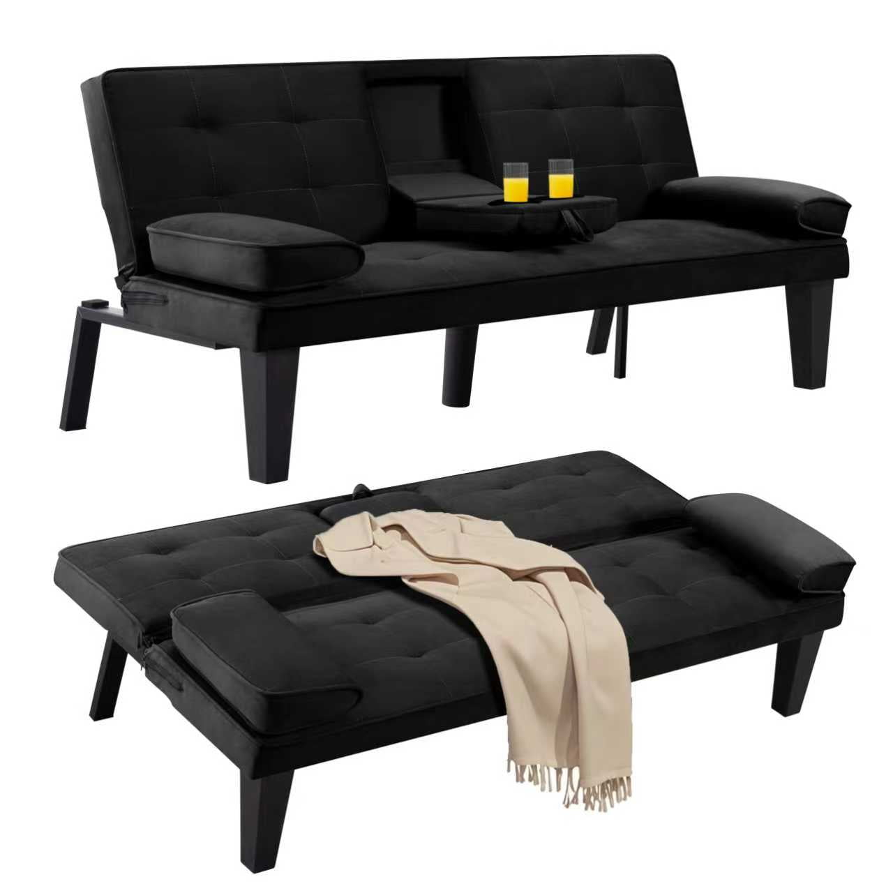 BSHTI 65 Modern Velvet Futon Sofa Bed with Drop Down Cup Holders, 3-Position Adjustable Backrest, Removable Arm Cushions, Chrome Legs for Living Room & Guest Room Black