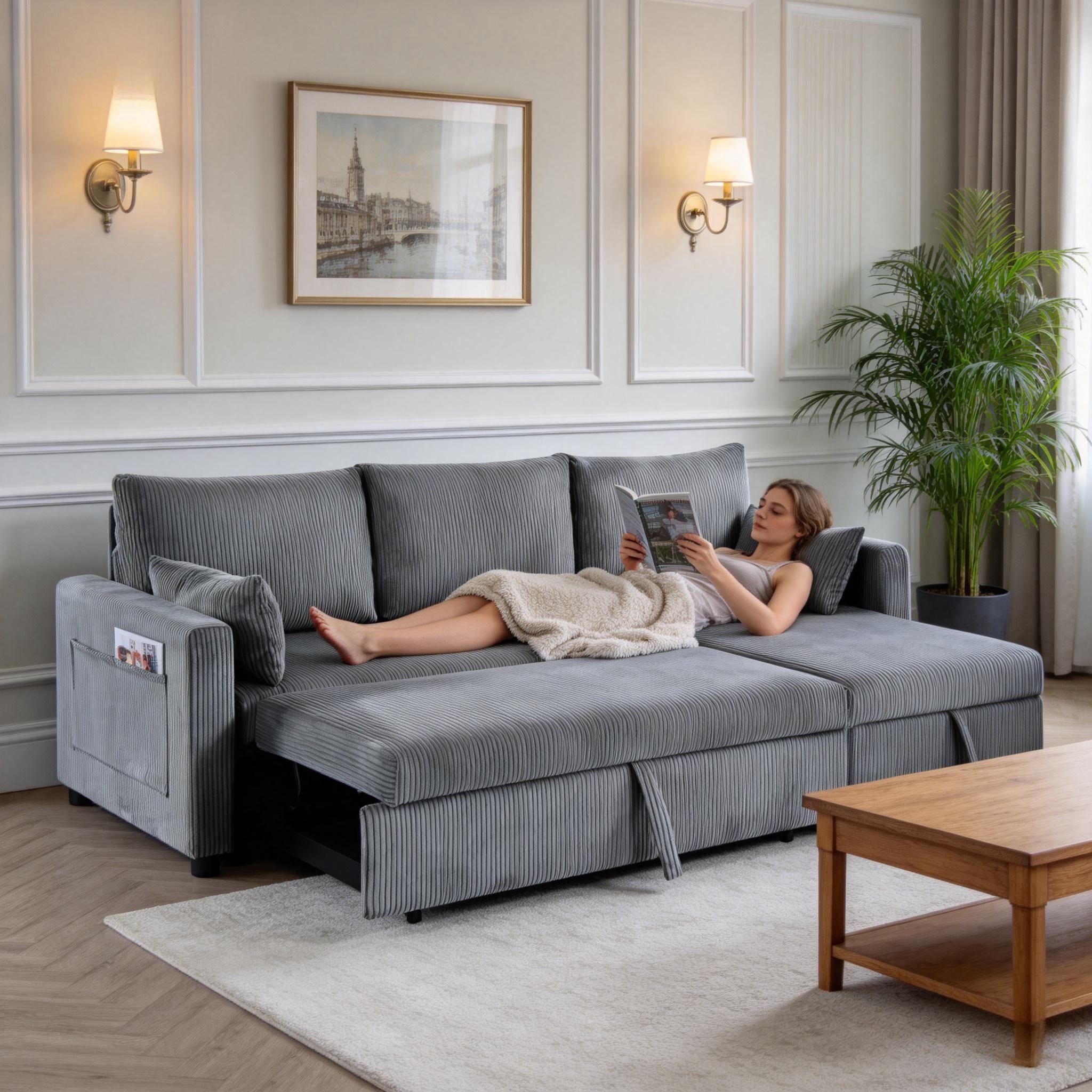 BSHTI L-Shaped Pull-Out Sleeper Sofa Bed with Storage Chaise, 3-Seater Convertible Corduroy Sectional Couch, Solid Wood & Iron Frame, Black