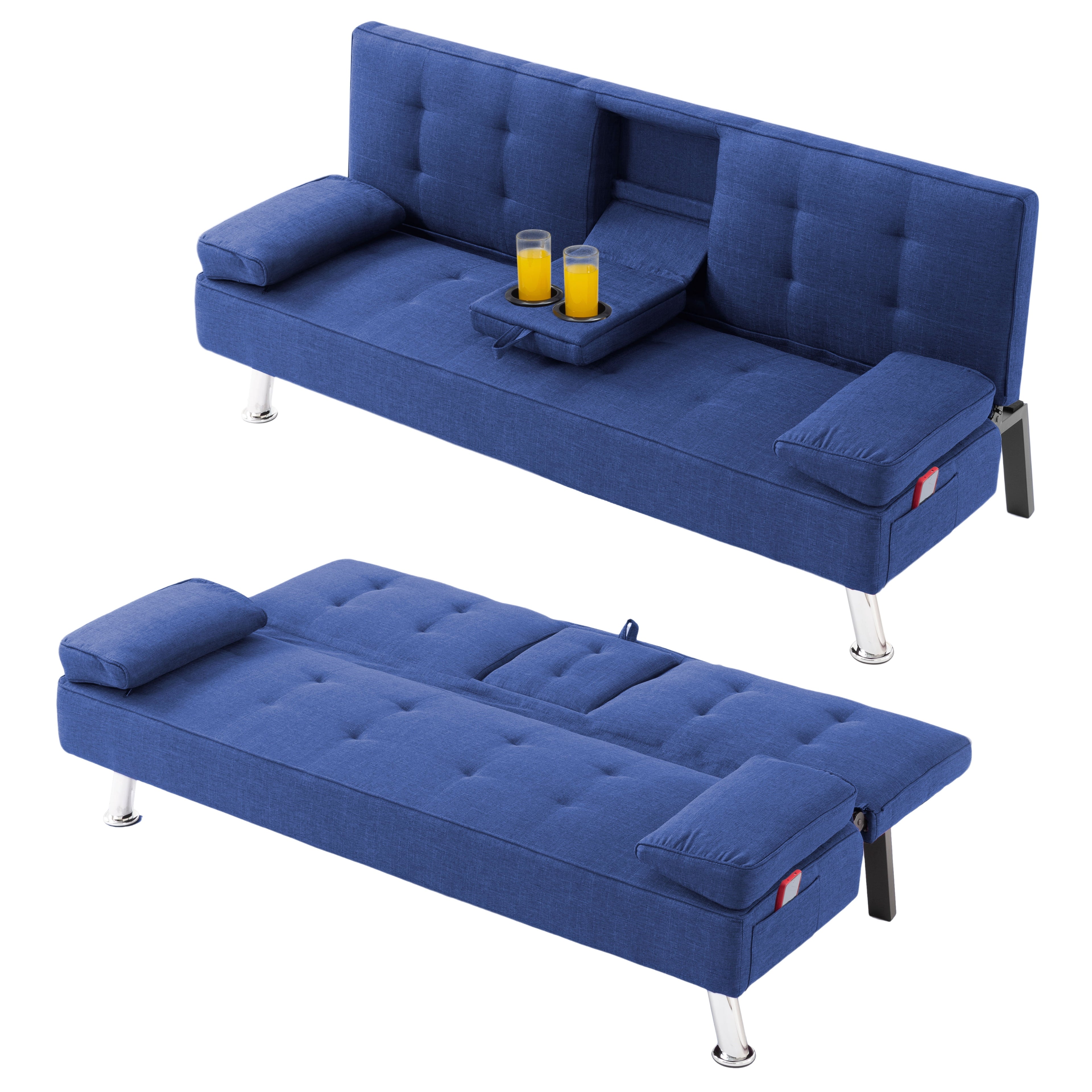 BSHTI 65 Modern Velvet Futon Sofa Bed with Drop Down Cup Holders, 3-Position Adjustable Backrest, Removable Arm Cushions, Chrome Legs for Living Room & Guest Room Black
