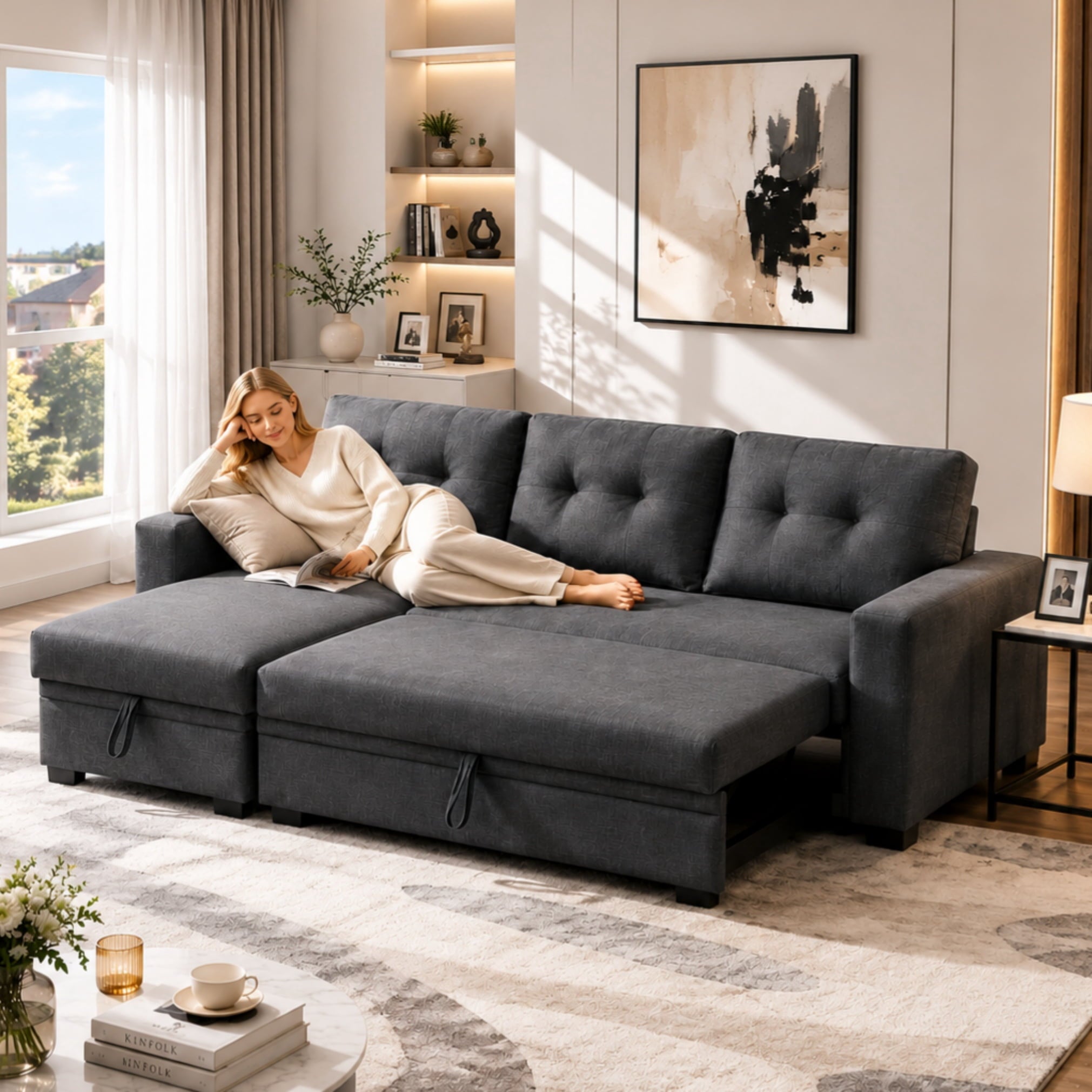 BSHTI L-Shaped Pull-Out Sleeper Sofa Bed with Storage Chaise, 3-Seater Convertible Corduroy Sectional Couch, Solid Wood & Iron Frame, Black