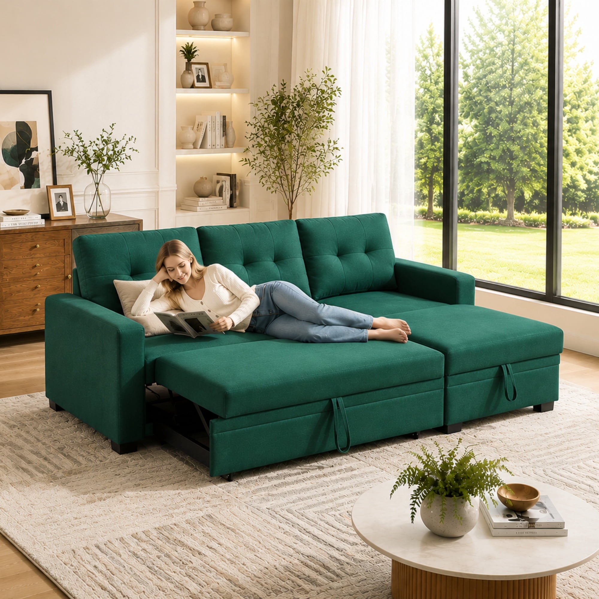 BSHTI L-Shaped Pull-Out Sleeper Sofa Bed with Storage Chaise, 3-Seater Convertible Corduroy Sectional Couch, Solid Wood & Iron Frame, Black
