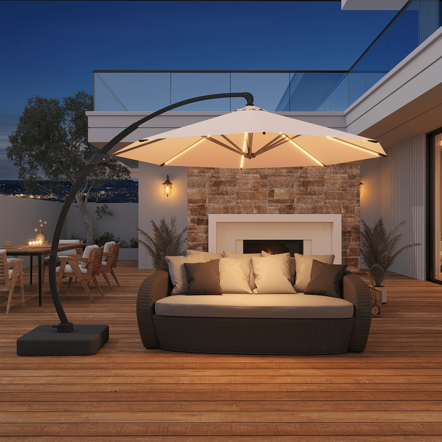 BaPiPro 11ft Offset Cantilever Patio Umbrella with Solar Lights & Base Included, Large Round Heavy Duty Frame Umbrella, 360° Rotation, for Deck Pool Backyard, Beige