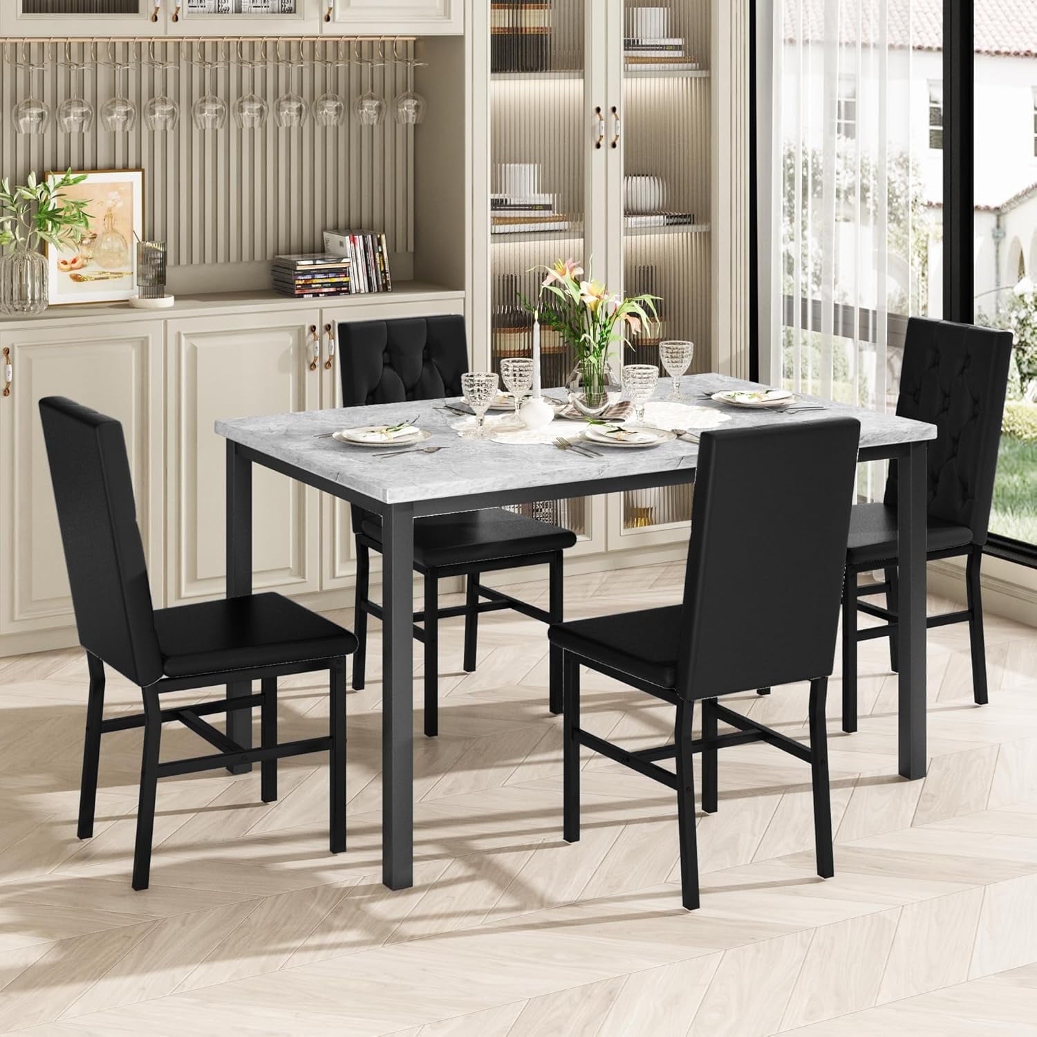 Baxluxe Dining Table Set for 4, Space Saving Rectangle Dining Table with 4 Velvet Dining Chairs, Faux Marble Kitchen Table and Chairs Set, Modern Dining Room Set for Kitchen, Pub, Beige+Gray