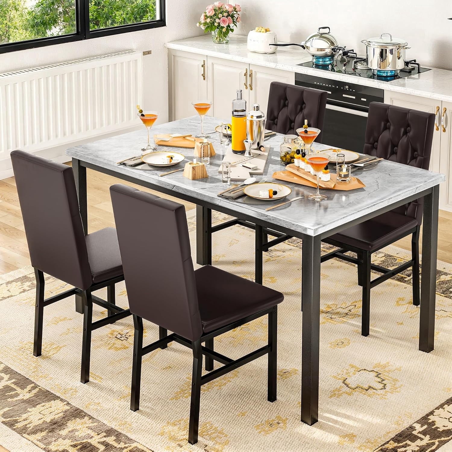 Baxluxe Dining Table Set for 4, Space Saving Rectangle Dining Table with 4 Velvet Dining Chairs, Faux Marble Kitchen Table and Chairs Set, Modern Dining Room Set for Kitchen, Pub, Beige+Gray