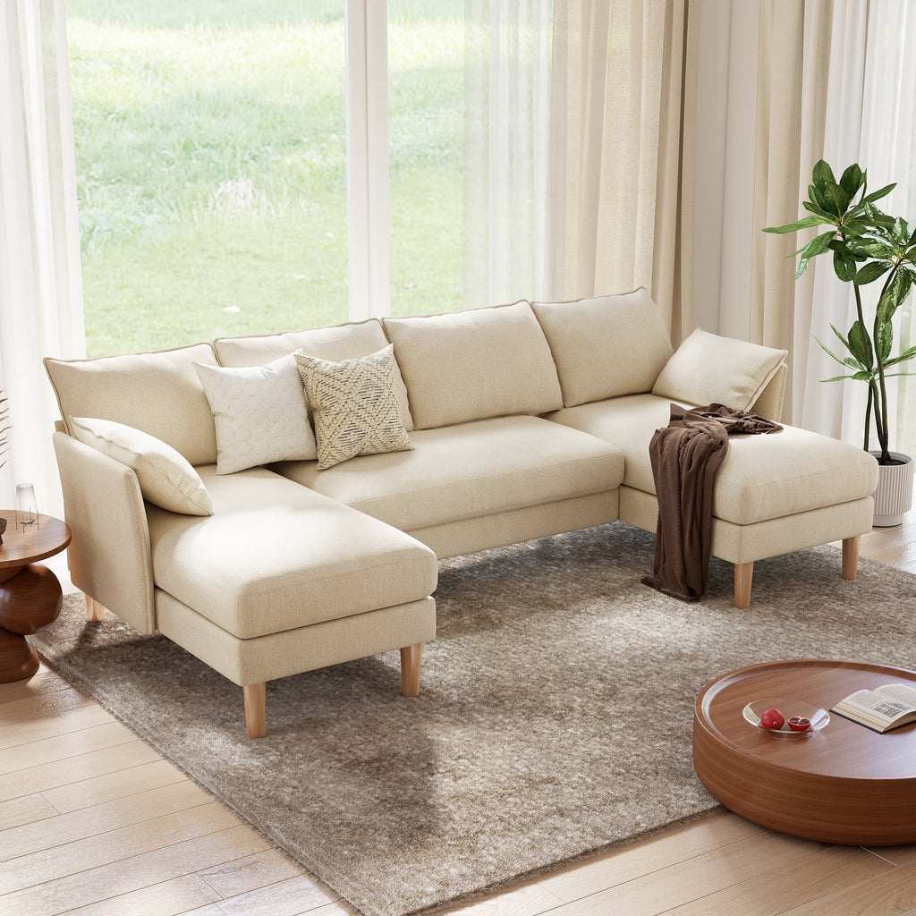 BedLuxury 100 U-Shape Sectional Sofa with Chaise, Chenille Modern Couch with High Legs for Living Room, Apartment, Beige