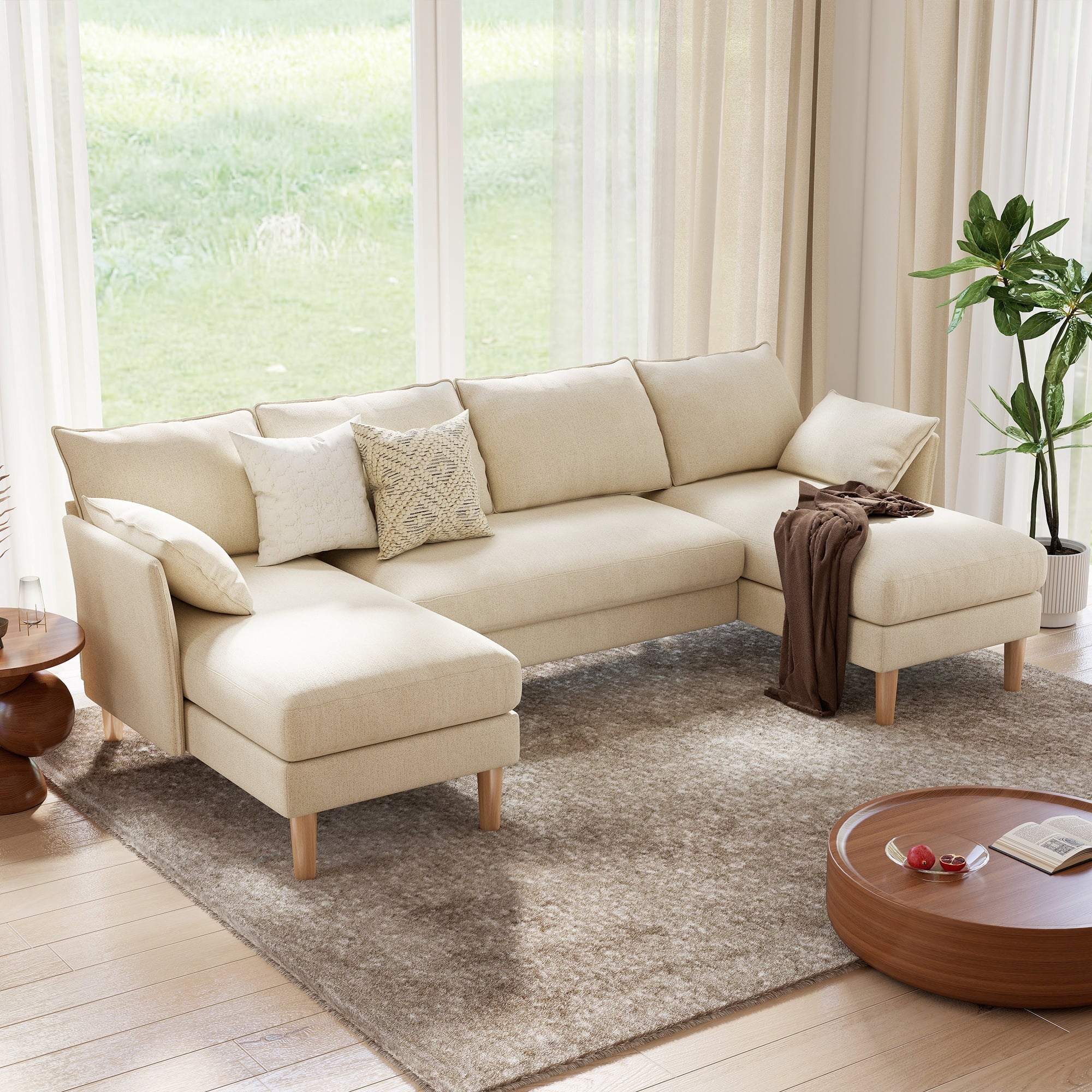 BedLuxury 100 U-Shape Sectional Sofa with Chaise, Chenille Modern Couch with High Legs for Living Room, Apartment, Beige